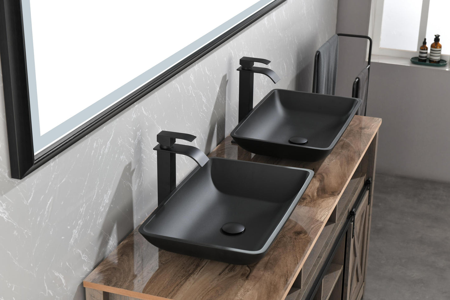 Matte Black Glass Rectangular Vessel Bathroom Sink Set with Faucet and Pop-Up Drain