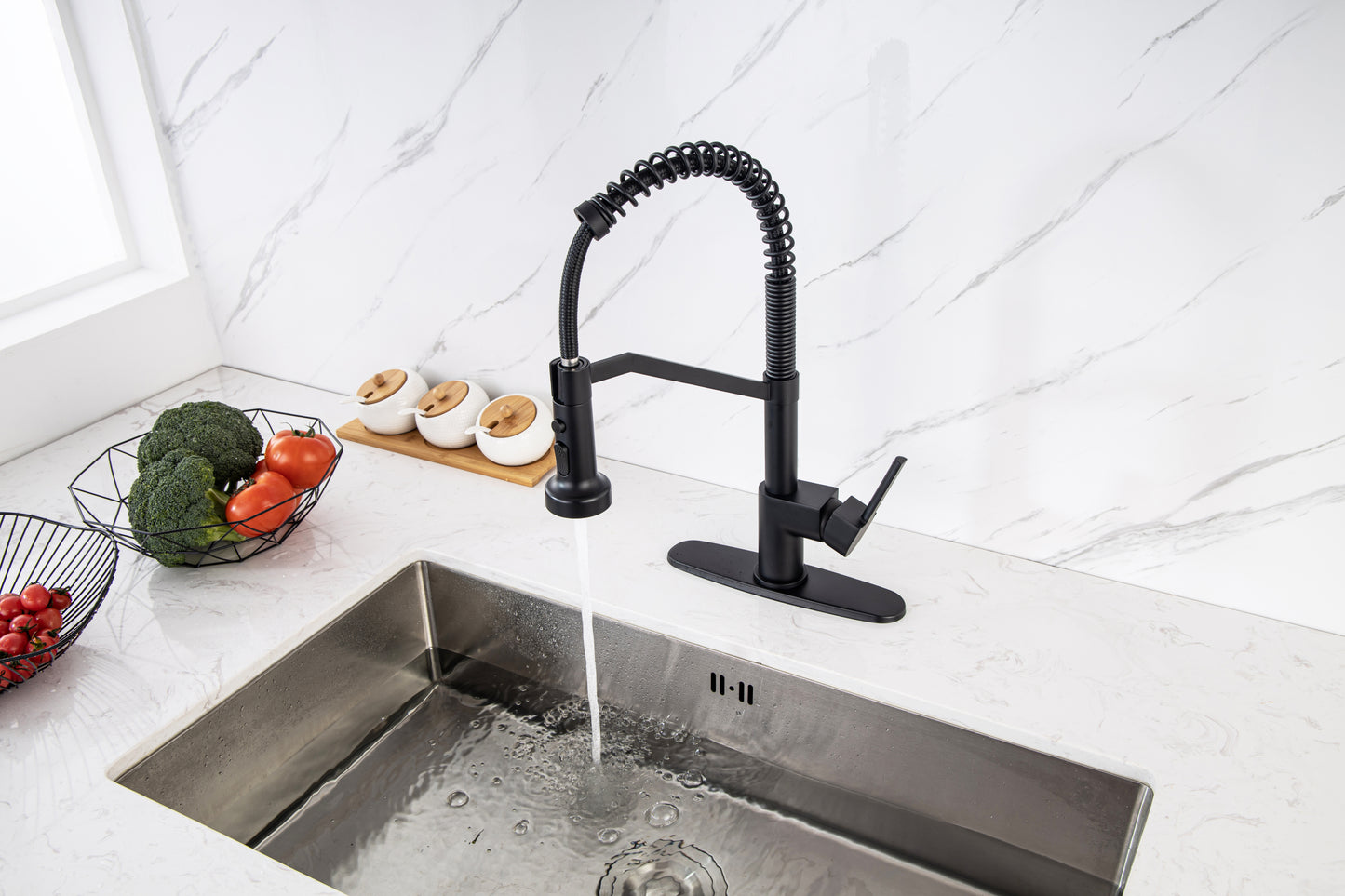 Kitchen Faucet, Kitchen Faucets with Pull Down Sprayer WEWE Sus304 Stainless Steel Matte Black Industrial Single Handle One Hole Or 3 Hole Faucet for Farmhouse Camper Laundry Utility Rv Wet Bar Sinks