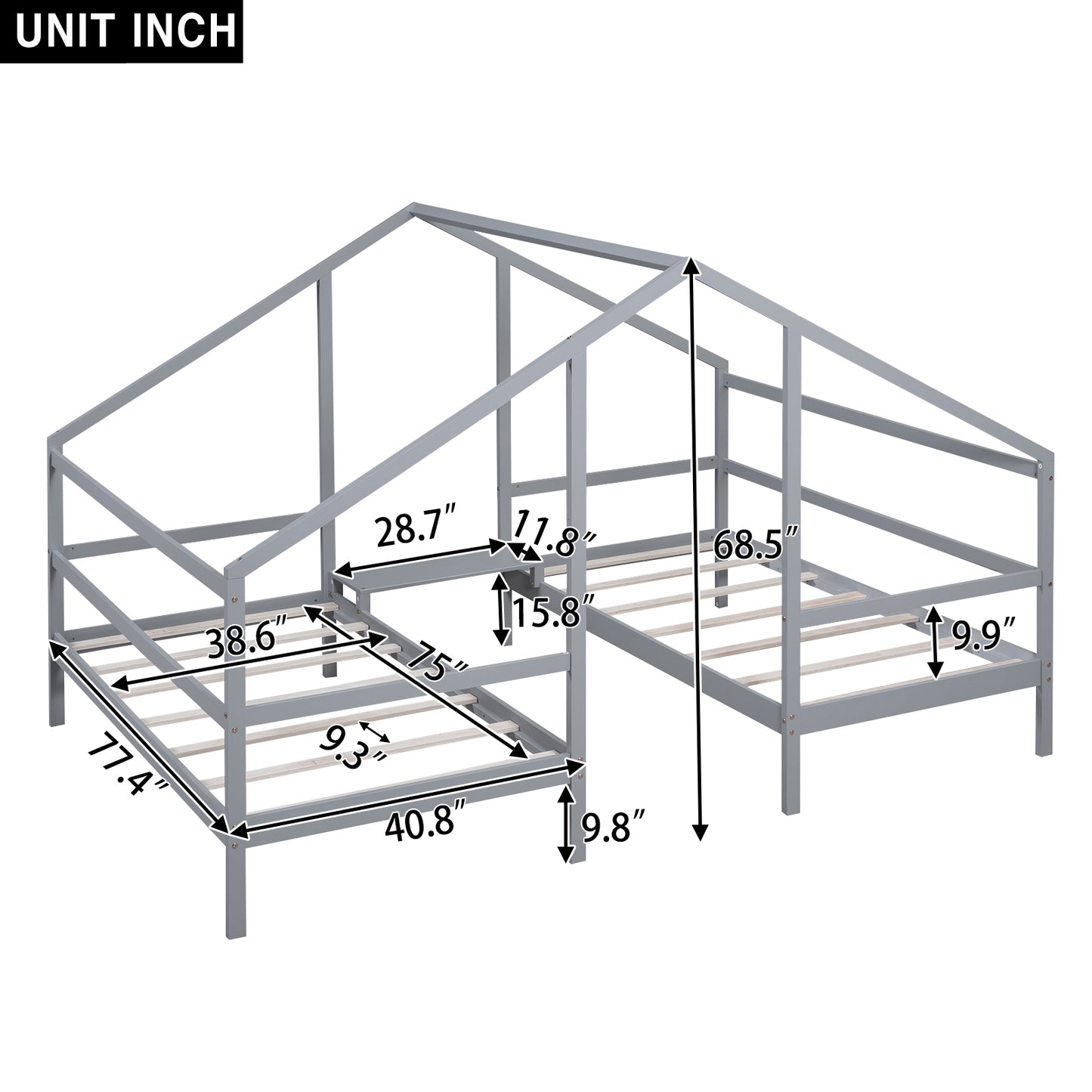 Double Twin Size Triangular House Beds with Built-in Table,Gray(: WF286895AAE)