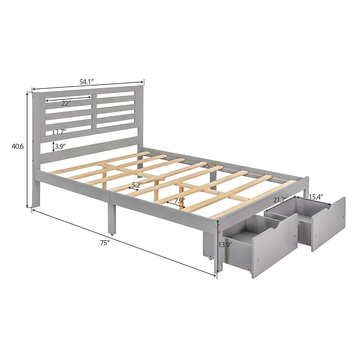 Full Size Platform Bed with Drawers, Gray