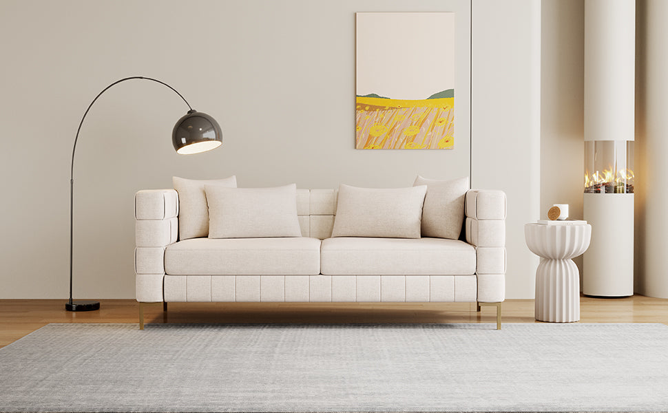 80.5 Modern Upholstered Sofa with Golden Metal Legs and Pillows