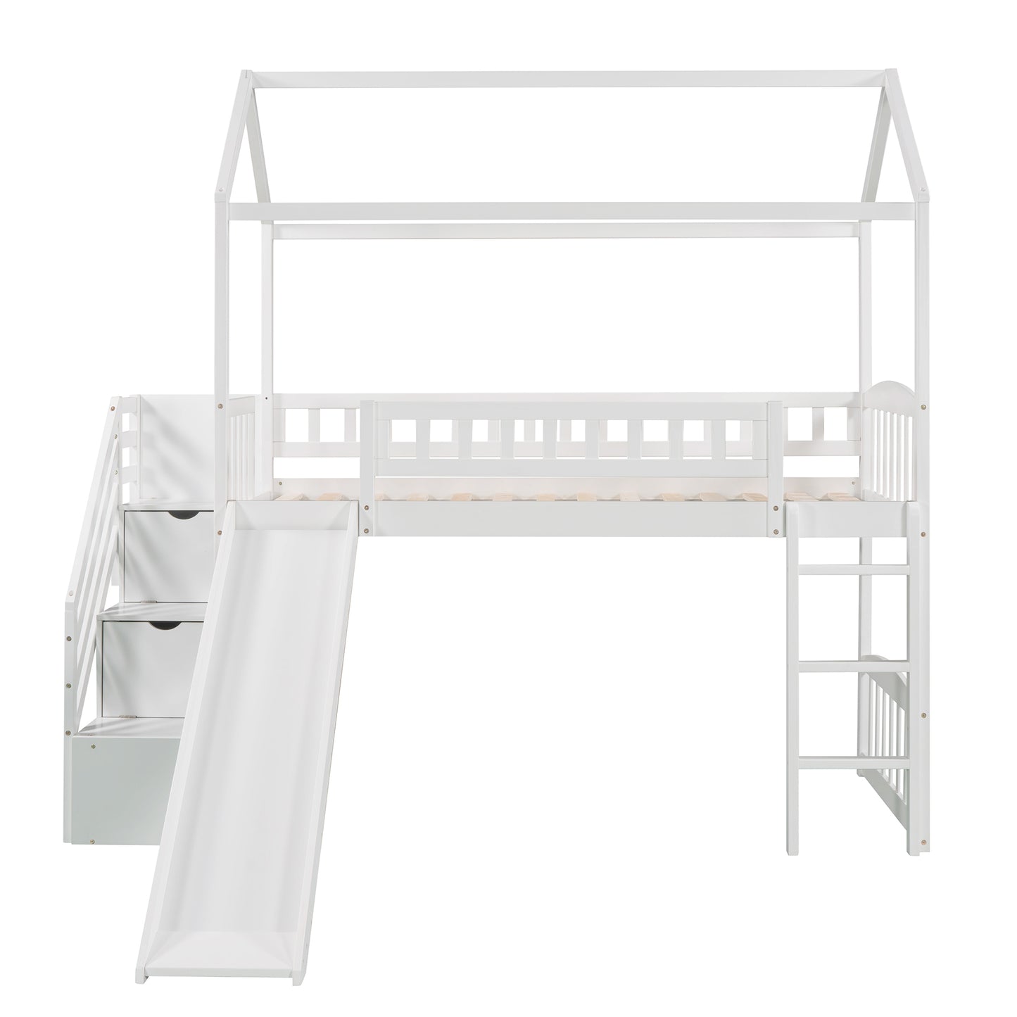 Twin Loft Bed with Two Drawers and Slide, House Bed with Slide, White