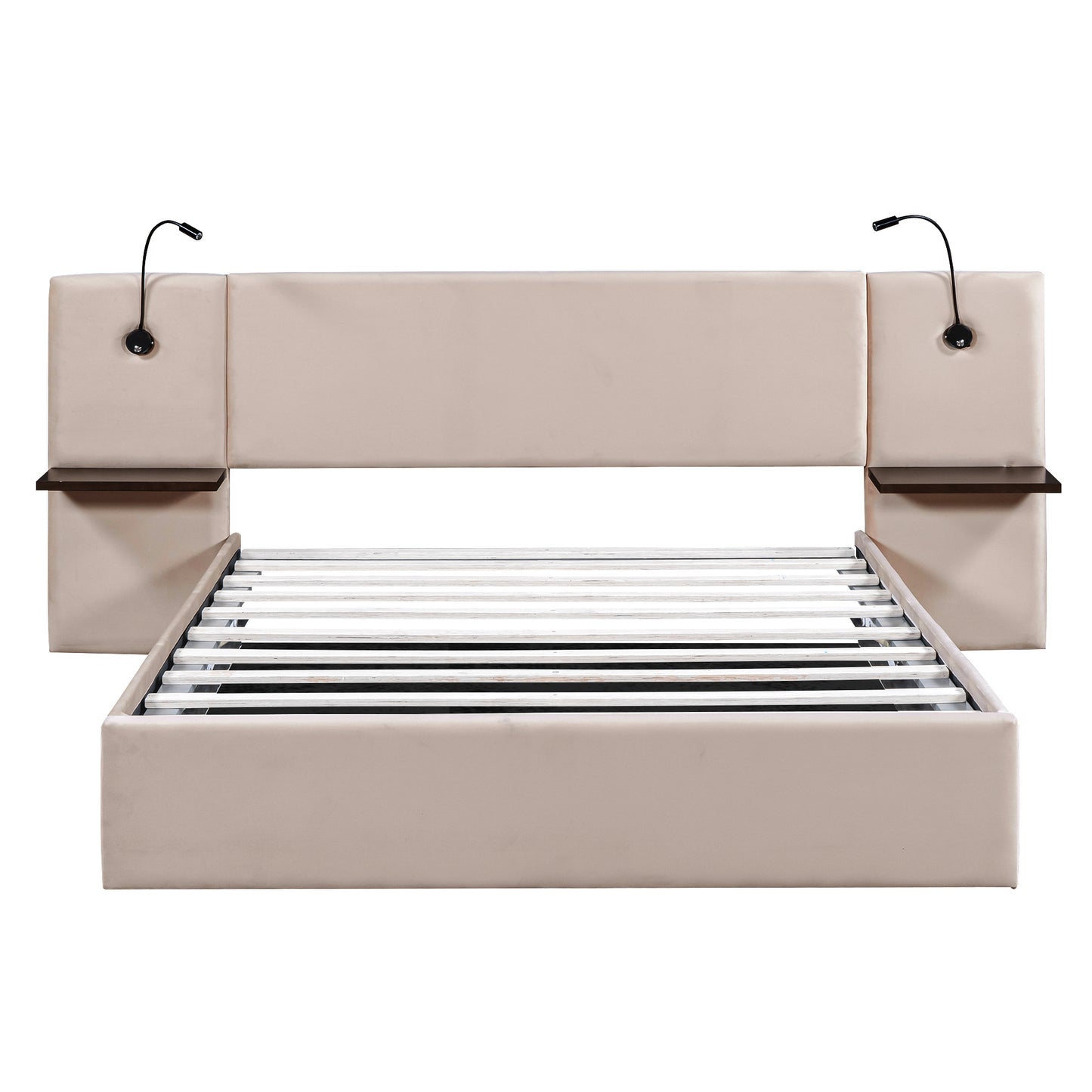 Queen Size Storage Upholstered Hydraulic Platform Bed with 2 Shelves, 2 Lights and USB, Beige