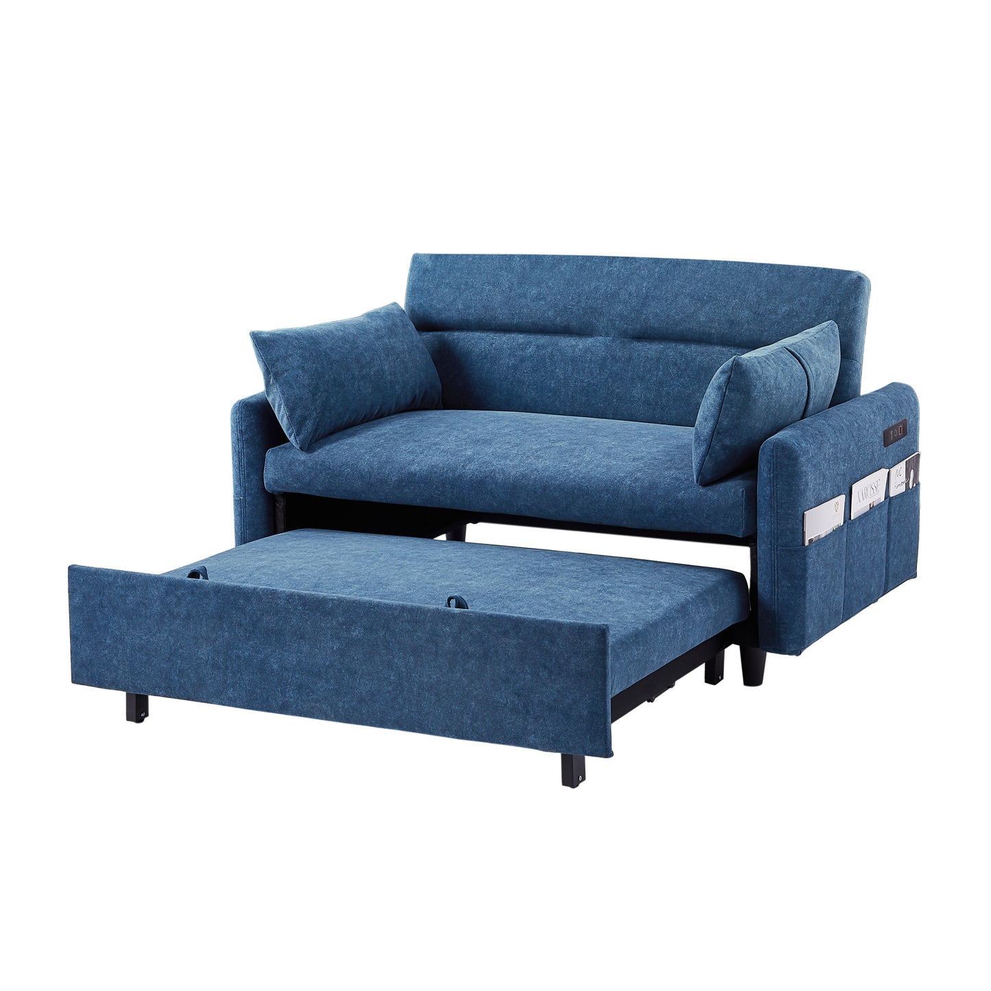 55.1 Blue Pull Out Sleeper Loveseat Sofa Bed with Adjustable Backrest and USB Ports