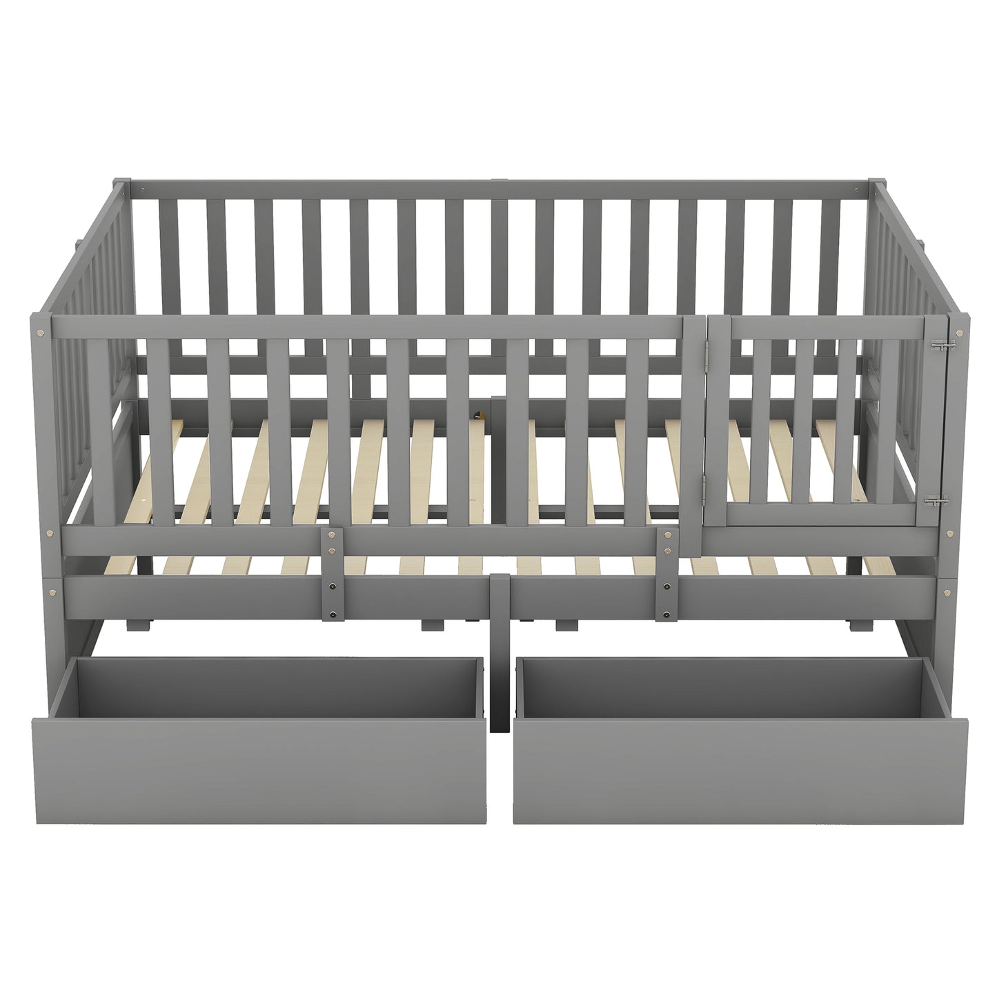 Full Size Wood Daybed with Fence Guardrails and 2 Drawers, Used as Independent Floor Bed & Daybed, Gray