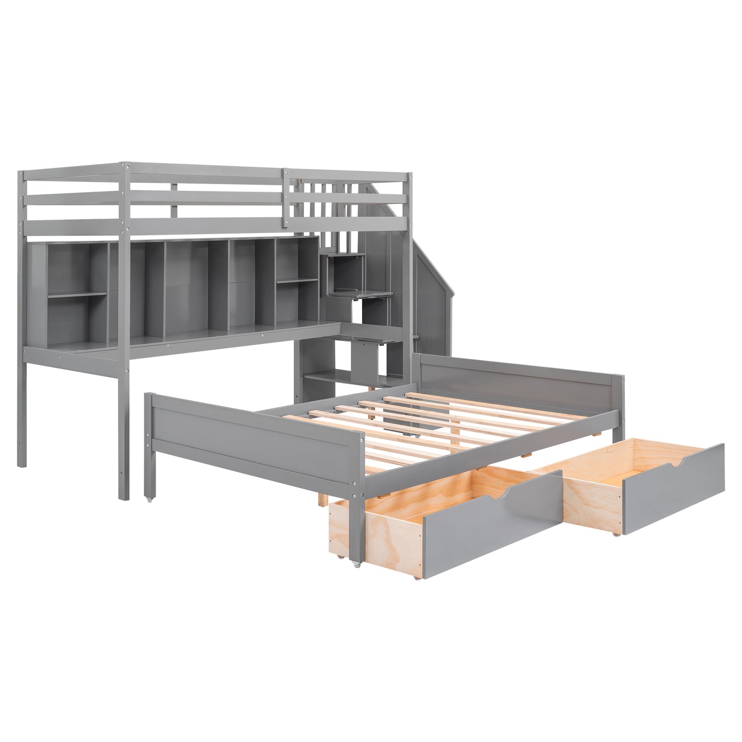 Gray Twin XL over Full Bunk Bed with Study Desk and Storage Solution