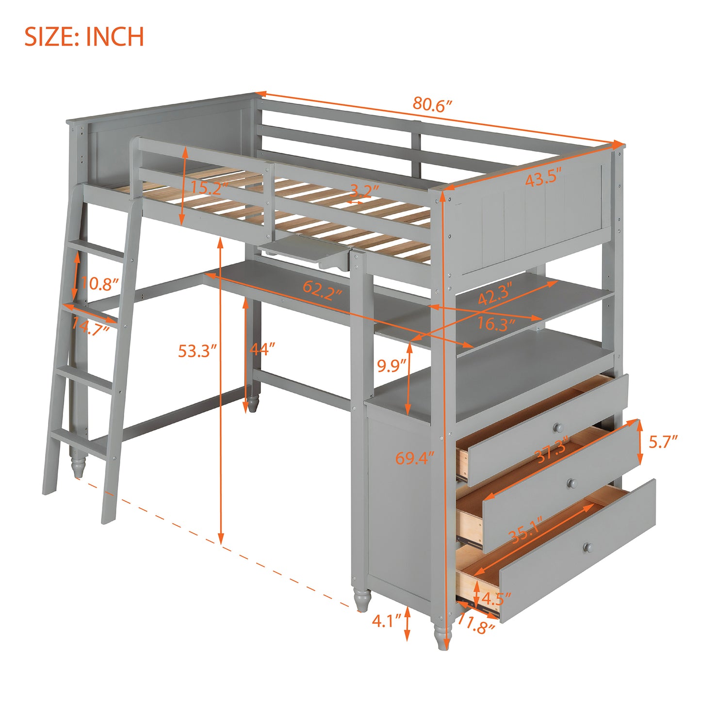 Twin size Loft Bed with Drawers and Desk, Wooden Loft Bed with Shelves - Gray(: LT001530AAE)