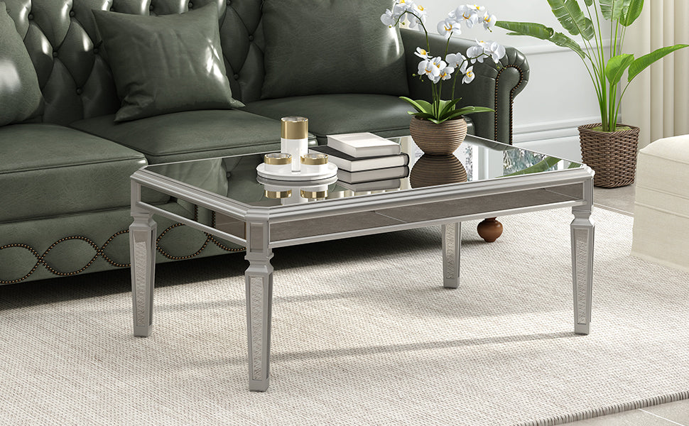 Contemporary Silver Glass Mirrored Coffee Table with Adjustable Legs