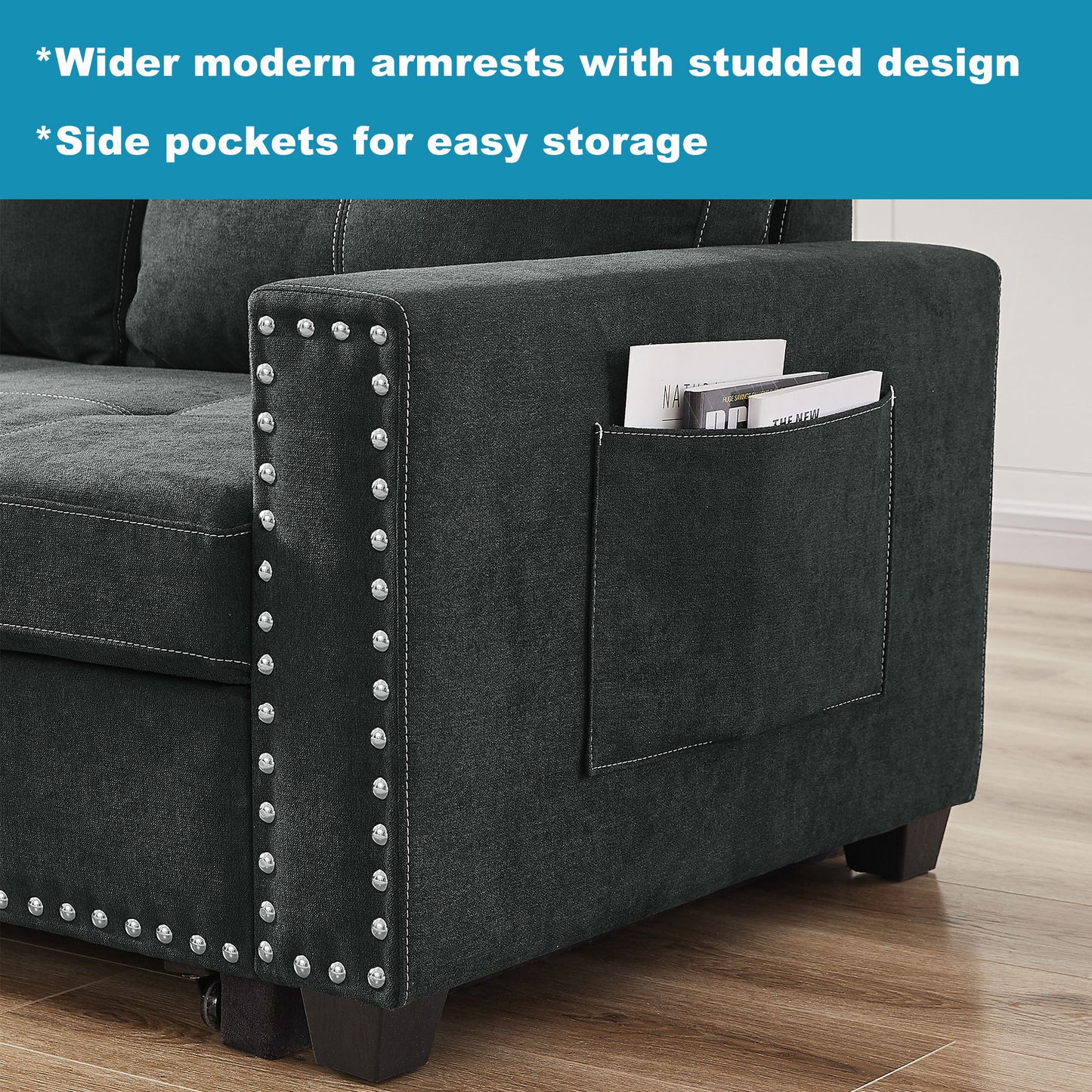 Sleeper Sofa Sectional with Reversible Storage Chaise and Side Storage Bag, Black Fabric, Modern Design