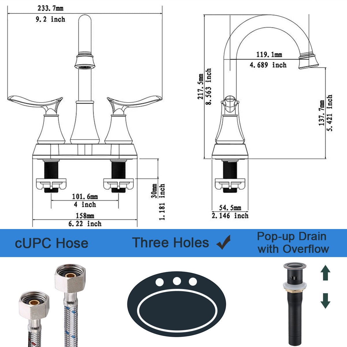 Oil Rubbed Bronze 2-Handle Bathroom Faucet with Pop-up Drain and Supply Hoses