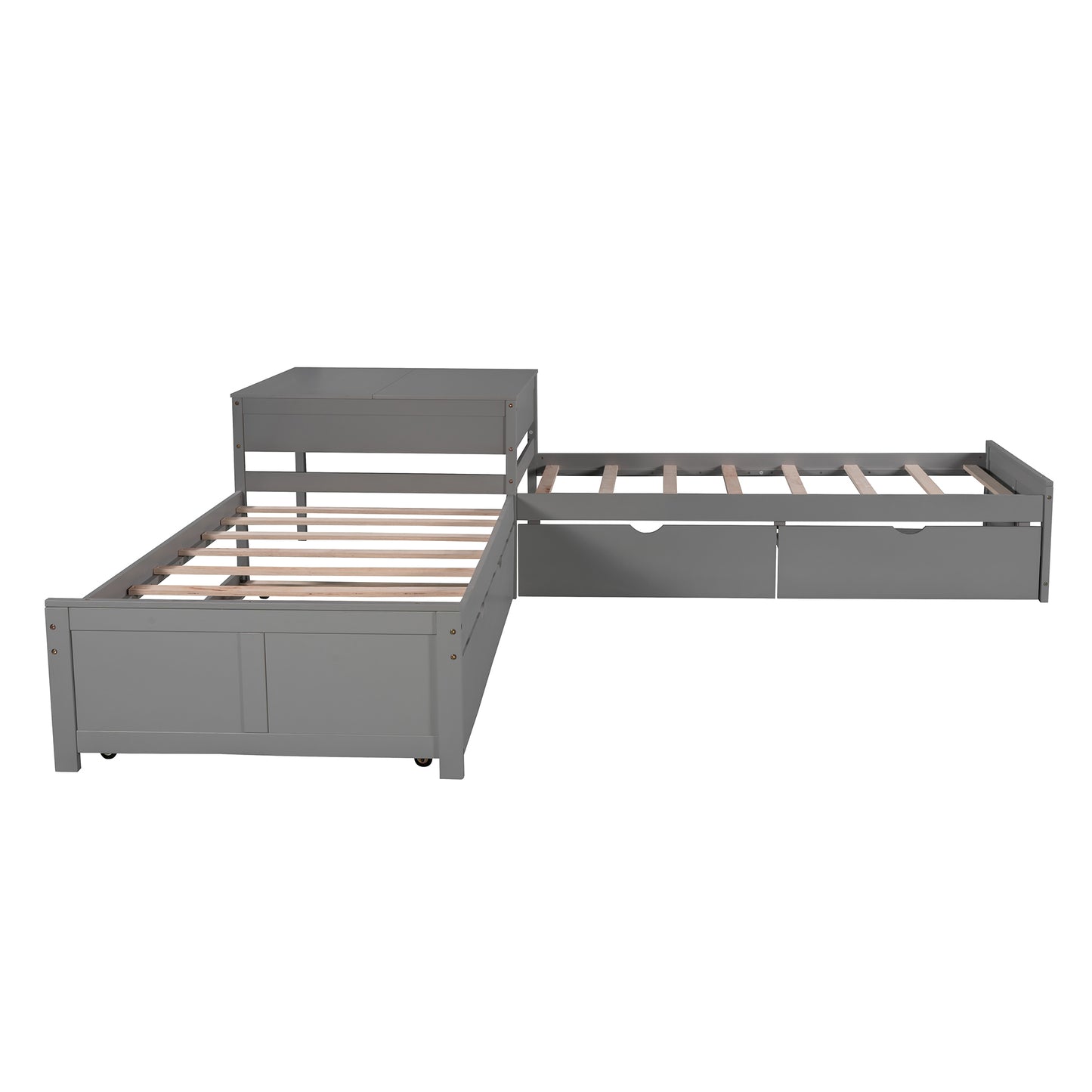 L-shaped Platform Bed with Trundle and Drawers Linked with built-in Desk,Twin,Gray