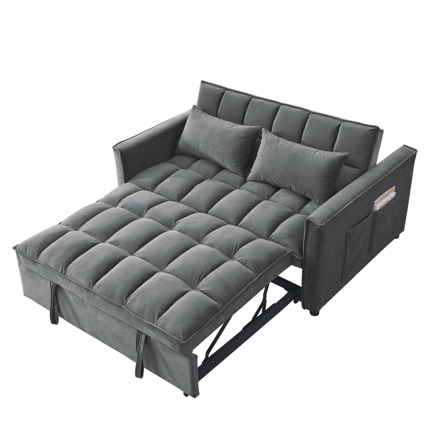 Sleeper Sofa, Convertible Sofa, Recliner, Bed, 3-in-1, 3-Position Adjustable Backrest, 2-Seater Sectional, Two Side Pockets, 2 Pillows for Living Room, Apartment, etc., Velvet Beige 54" Wide.