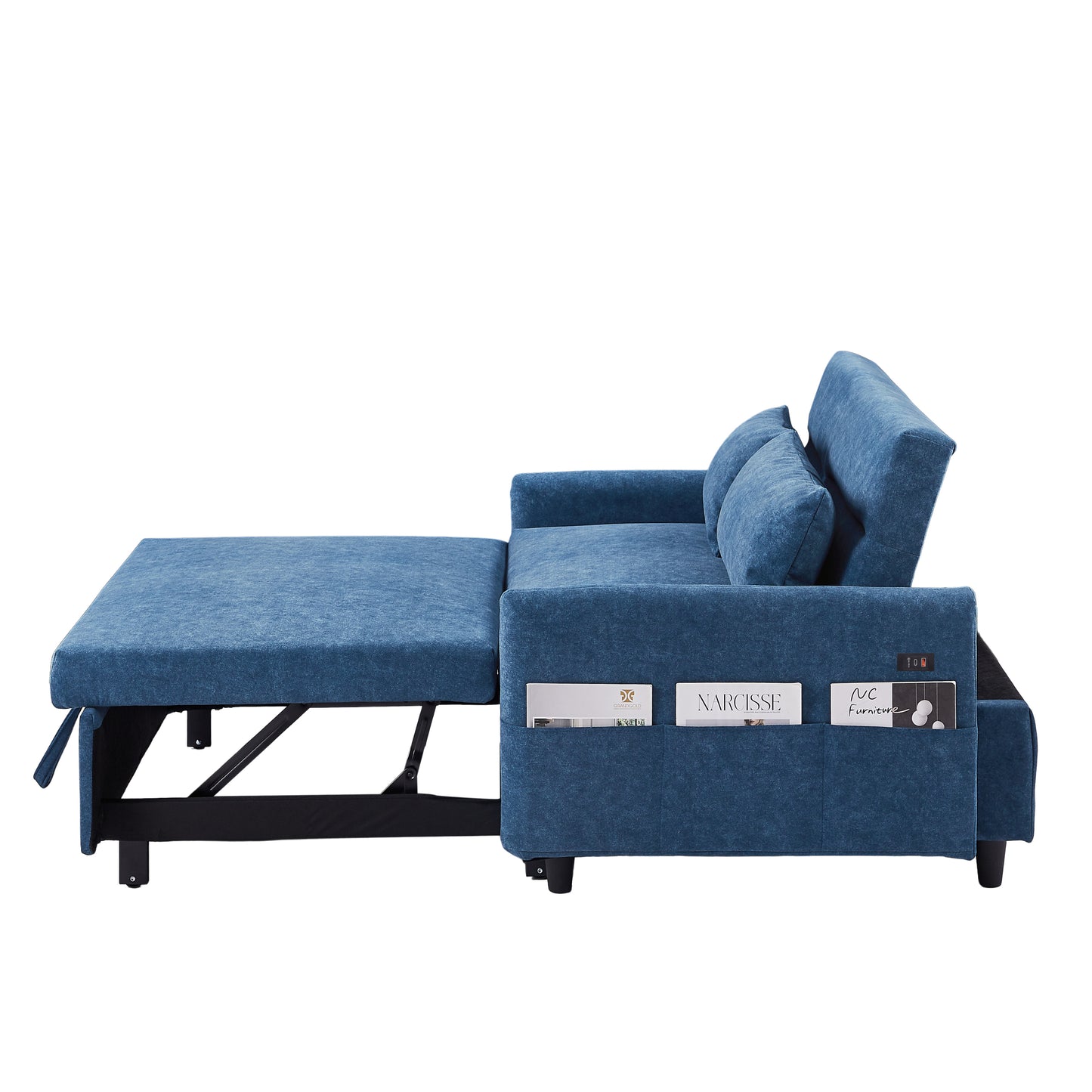 55.1 Blue Pull Out Sleeper Loveseat Sofa Bed with Adjustable Backrest and USB Ports