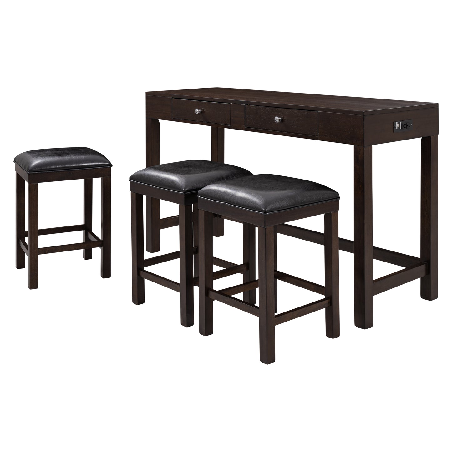 4-Piece Counter Height Table Set with Socket and Leather Padded Stools, Espresso