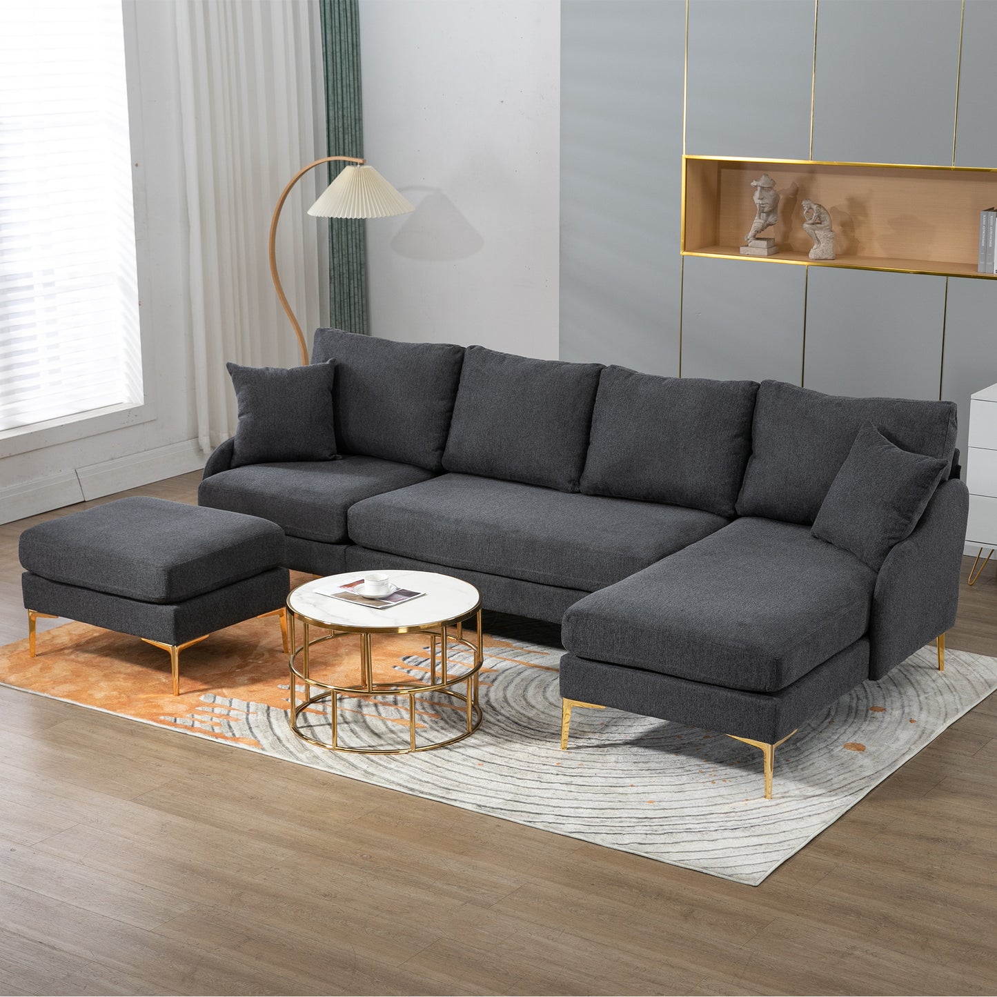 110'' Wide Reversible Sectional Sofa with Chaise and Ottoman, Charcoal Polyester Blend