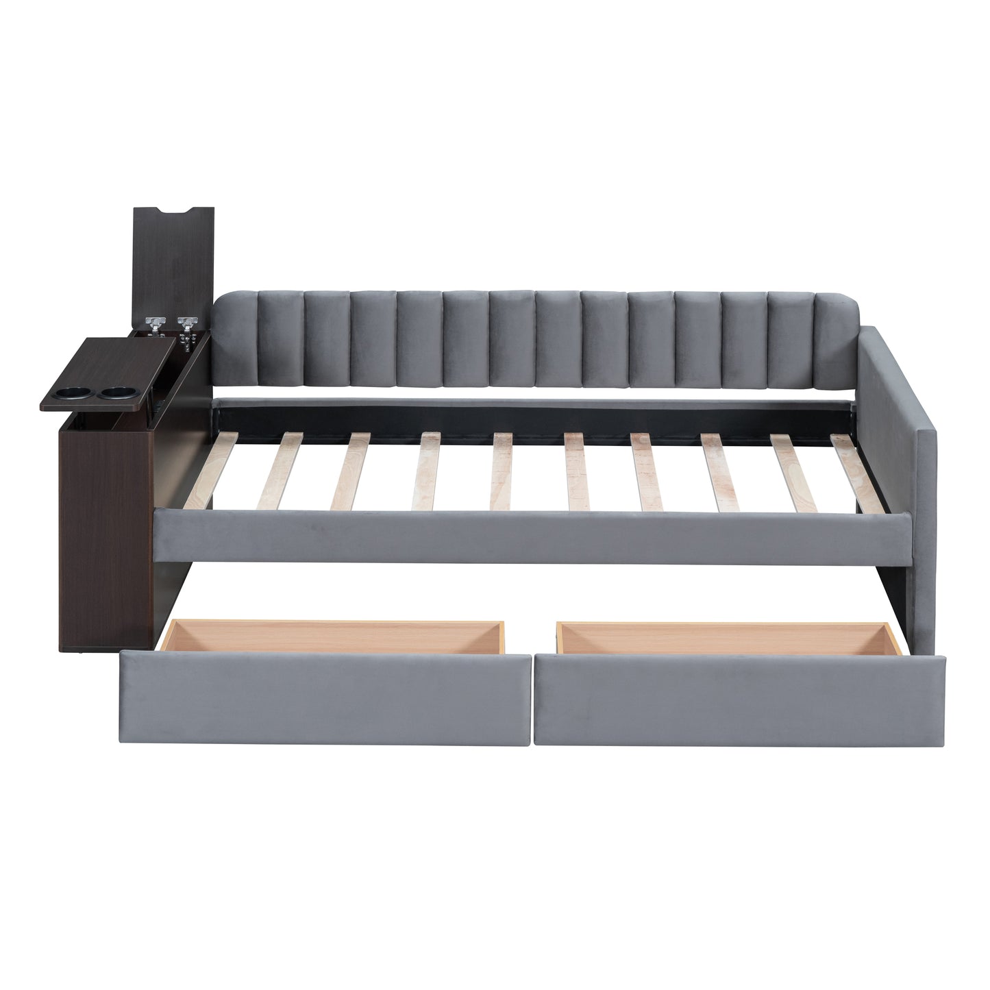 Twin Size Upholstered Daybed with Storage Armrest and 2 Drawers, Multi-functional Daybed with Cup Holder and a set of USB Ports and Sockets, Gray