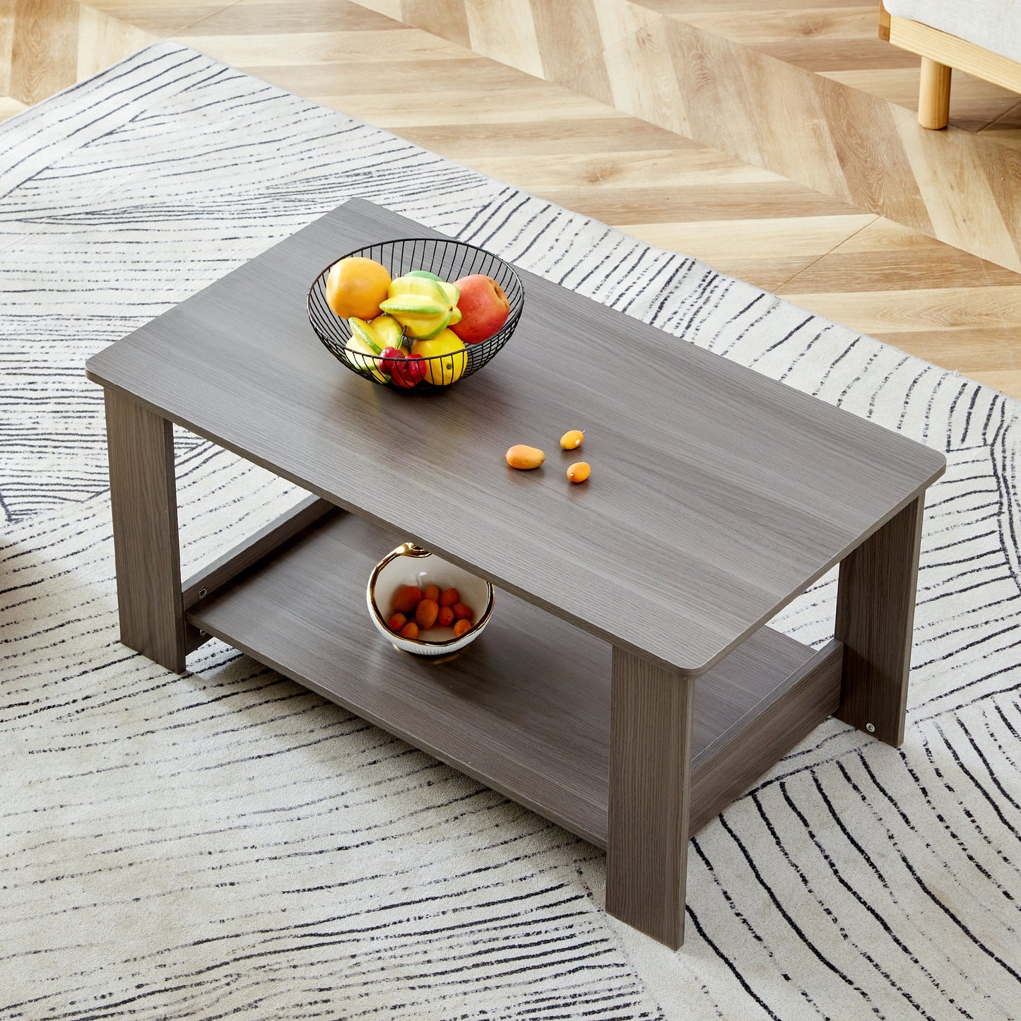 Elegant Gray Wood Grain Double Layered Rectangular Coffee Table, Perfect for Any Room