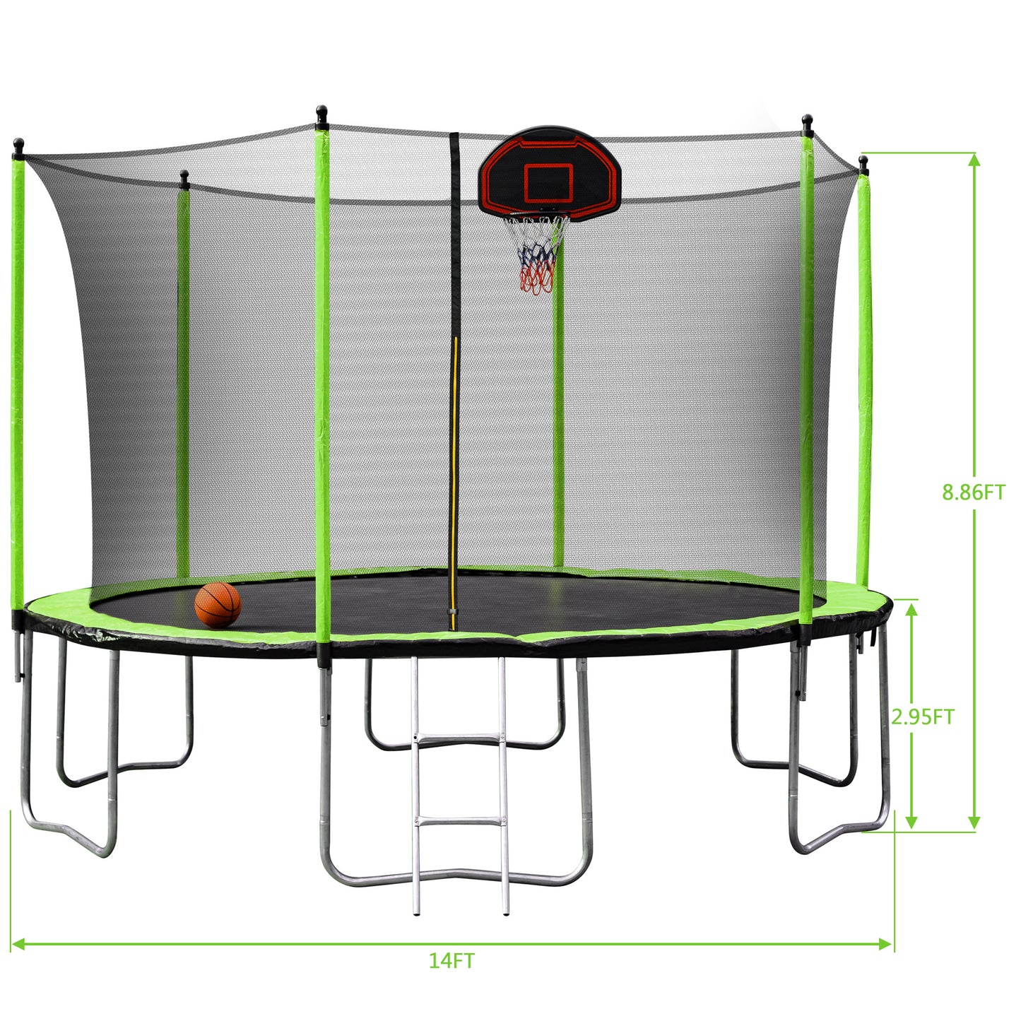 14FT  Trampoline with Basketball Hoop Inflator and Ladder(Inner Safety Enclosure) Green