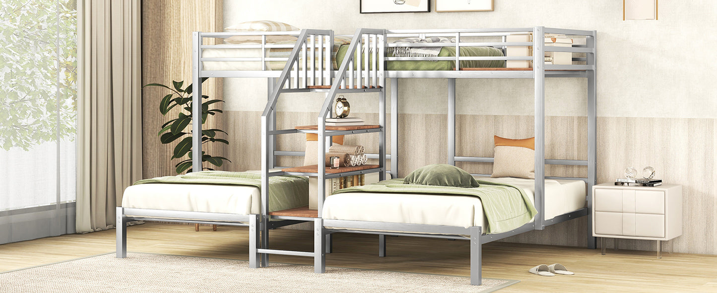 Three-Tiered Metal Bunk Bed with Storage and Staircase, Silver Twin over Twin