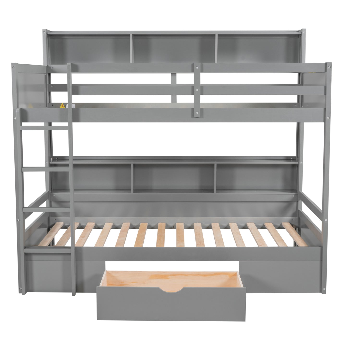 Twin Size Gray Bunk Bed with Storage Drawer and Built-in Shelves