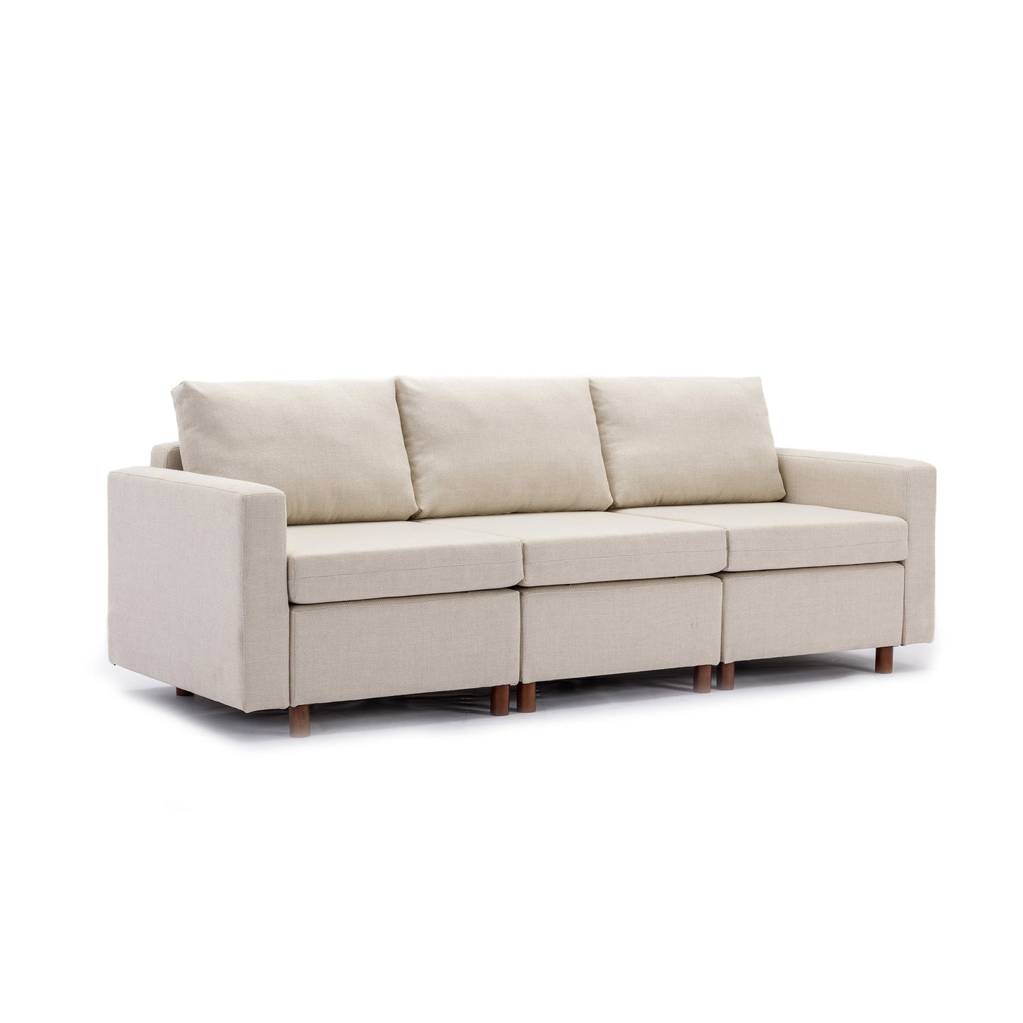 3-Seat Modular Sectional Sofa Set with 2 Ottomans, Cream Linen Upholstery