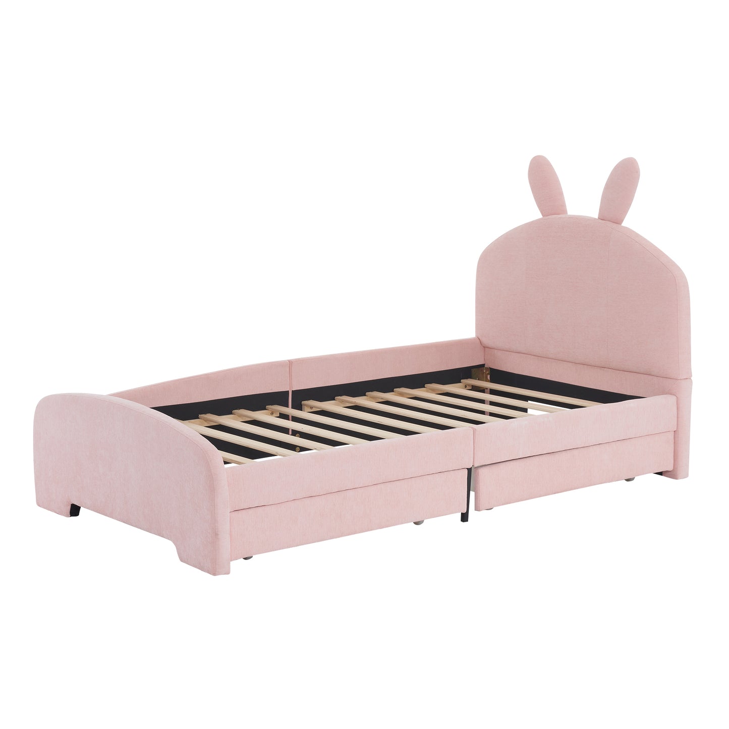 Twin Size Upholstered Platform Bed with Cartoon Ears Shaped Headboard and 2 Drawers, Pink