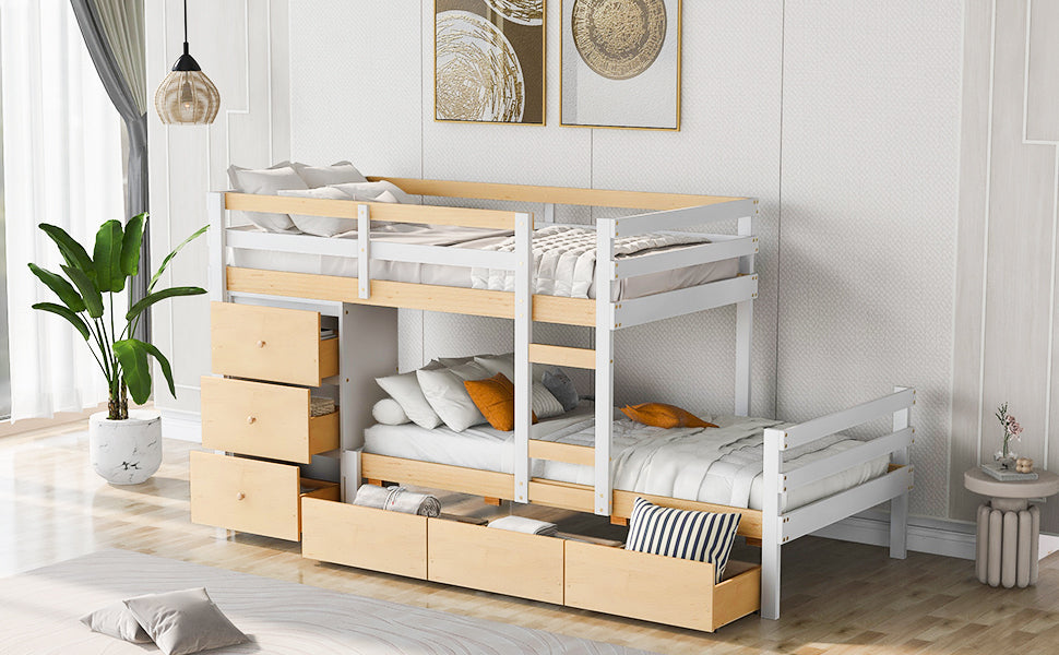 Natural Twin Loft Bunk Bed with Drawers, Ladder, and Dual Sleeping Space