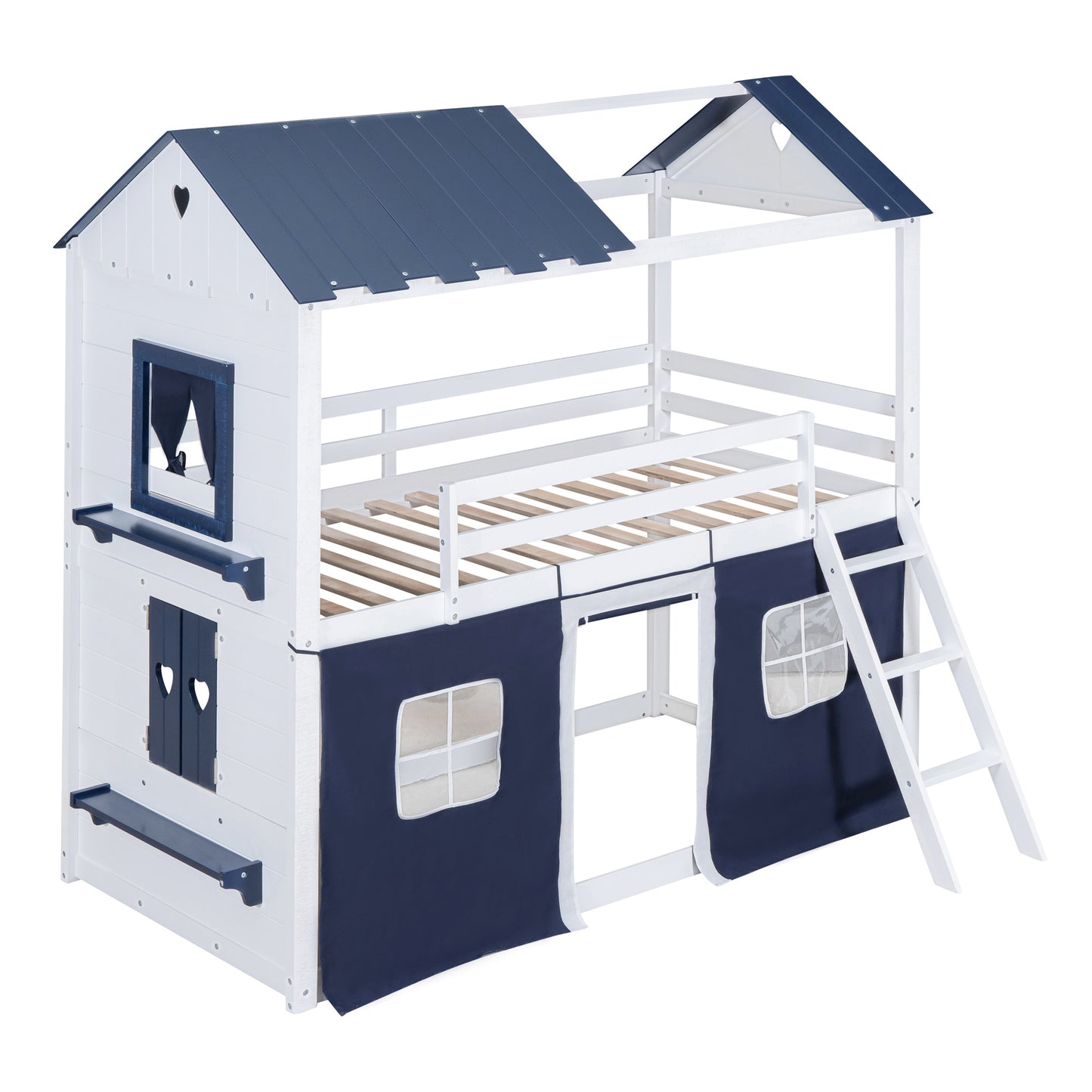 Twin Size Bunk Wood House Bed with Elegant Windows, Sills and Tent,  Blue+White