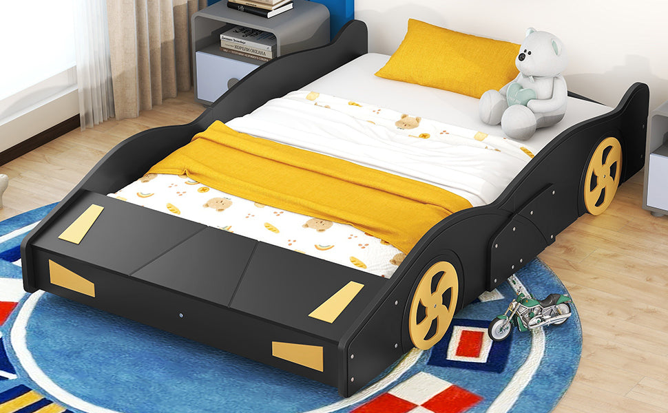 Full Size Race Car-Shaped Platform Bed with Wheels and Storage, Black+Yellow