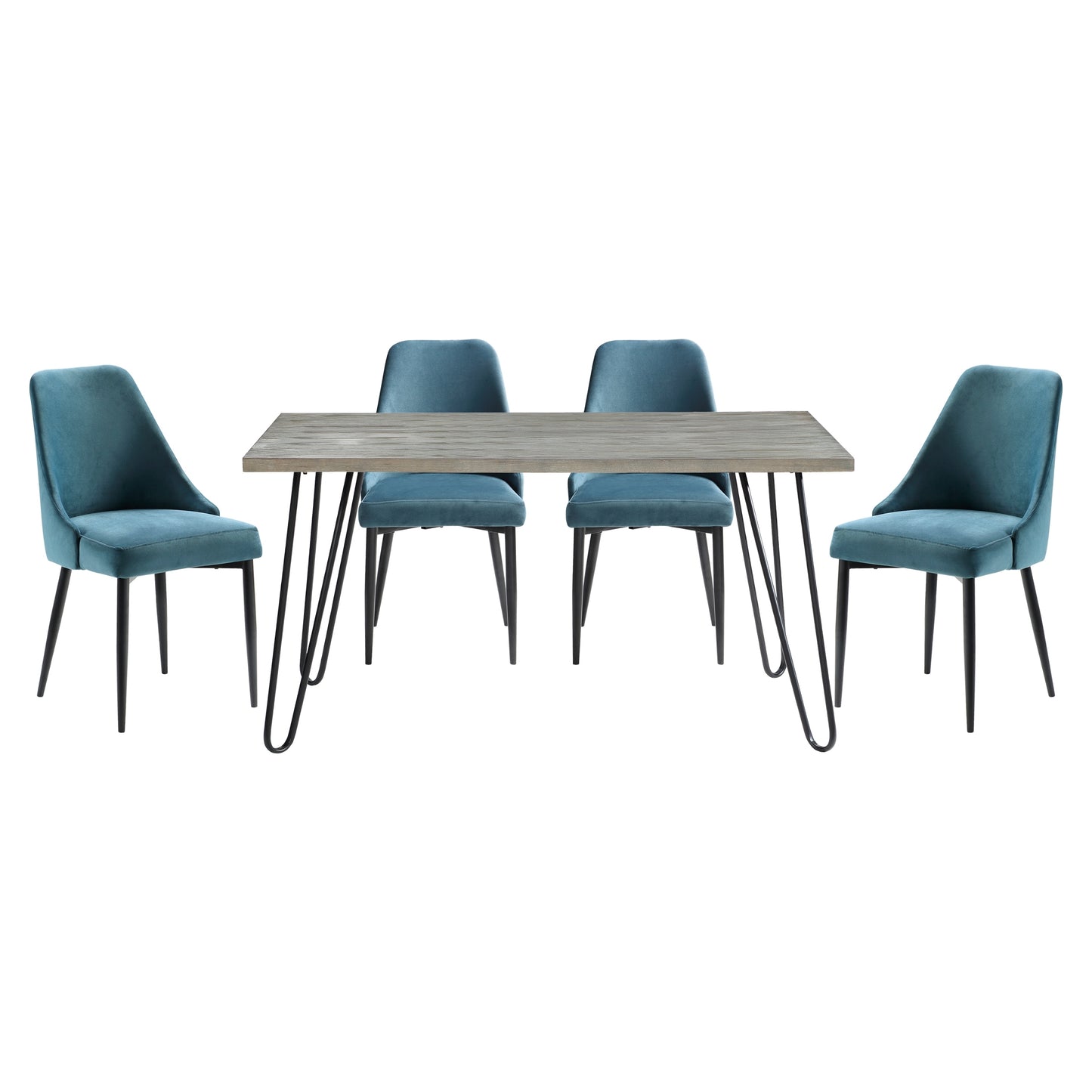 Modern Sleek Design 5pc Dining Set Table and 4x Side Chairs Blue Velvet Casual Metal Frame Stylish Dining Furniture