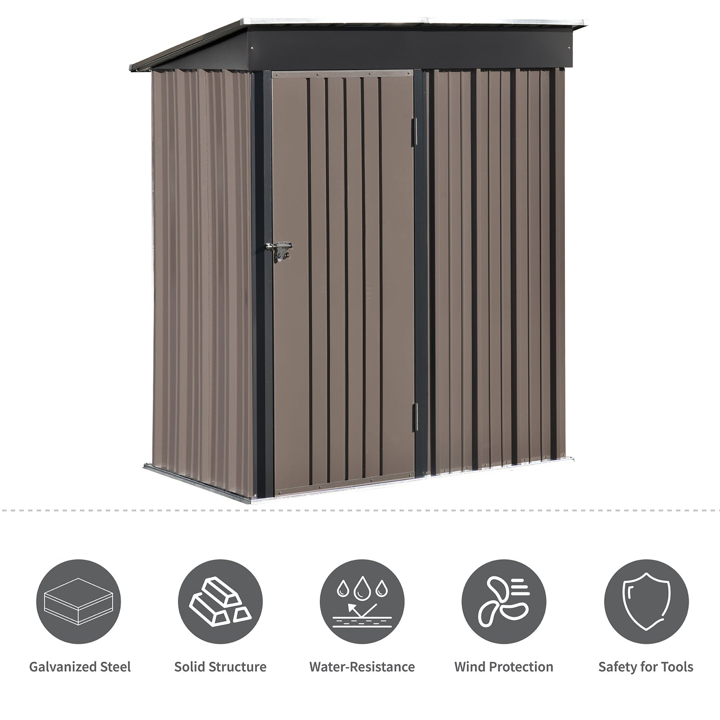 Patio 5ft Wx3ft. L Garden Shed, Metal Lean-to Storage Shed with Adjustable Shelf and Lockable Door, Tool Cabinet for Backyard, Lawn, Garden, Brown