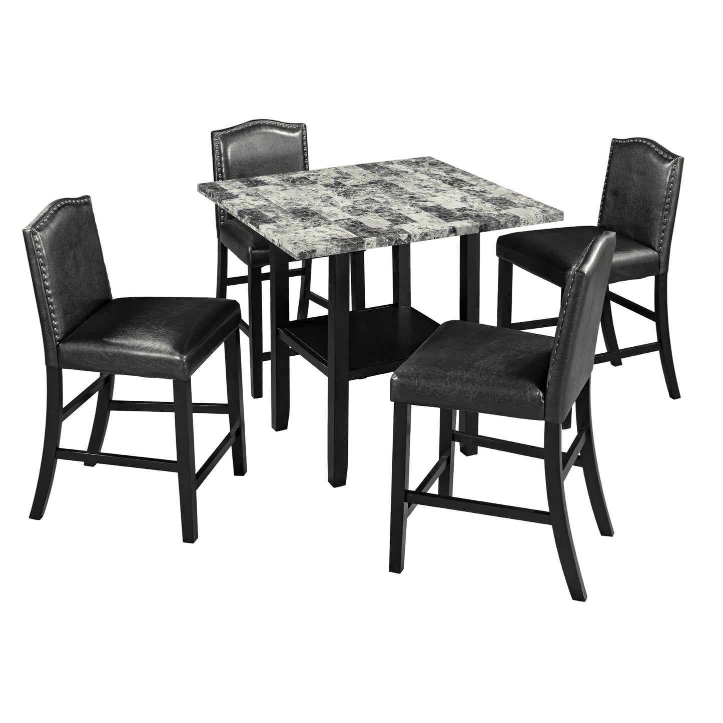 5 Piece Dining Set with Matching Chairs and Bottom Shelf for Dining Room, Black Chair+Gray Table