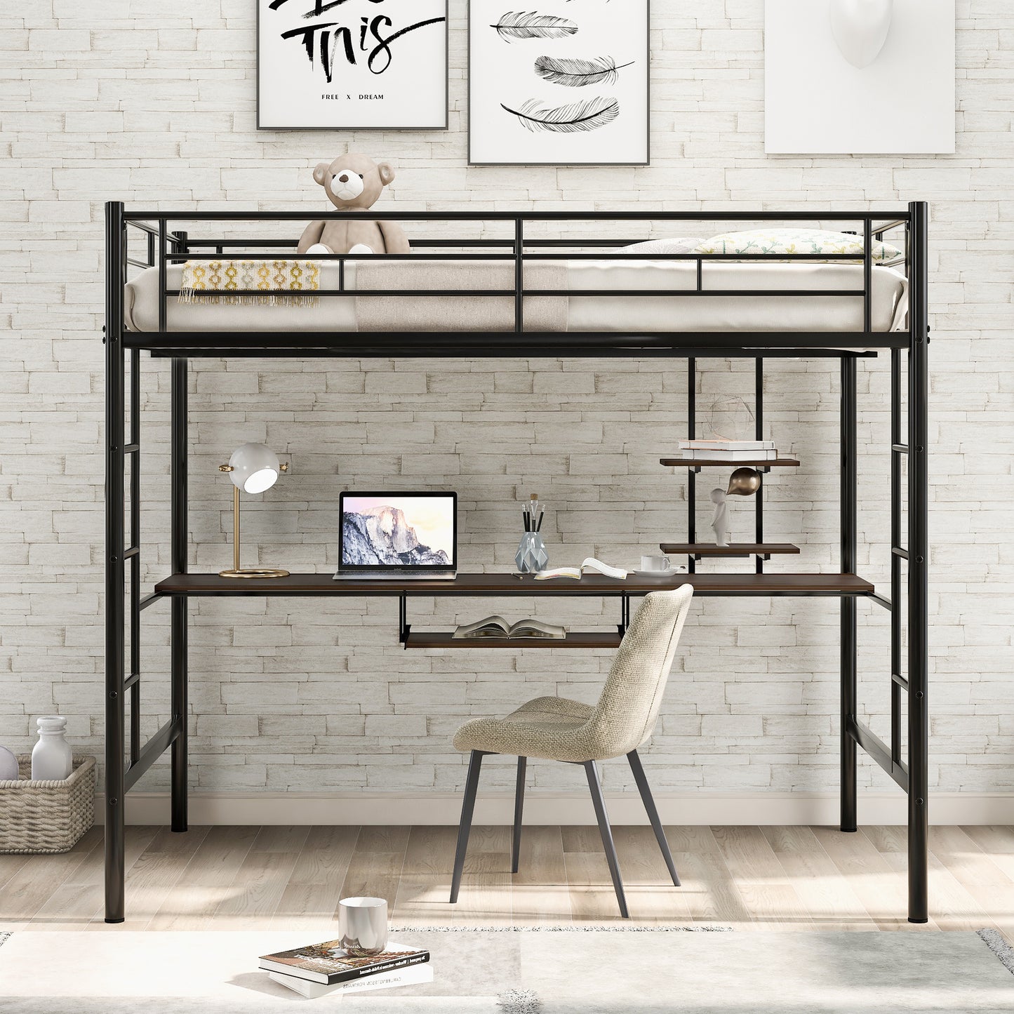 Loft Bed with Desk and Shelf , Space Saving Design,Full,Black