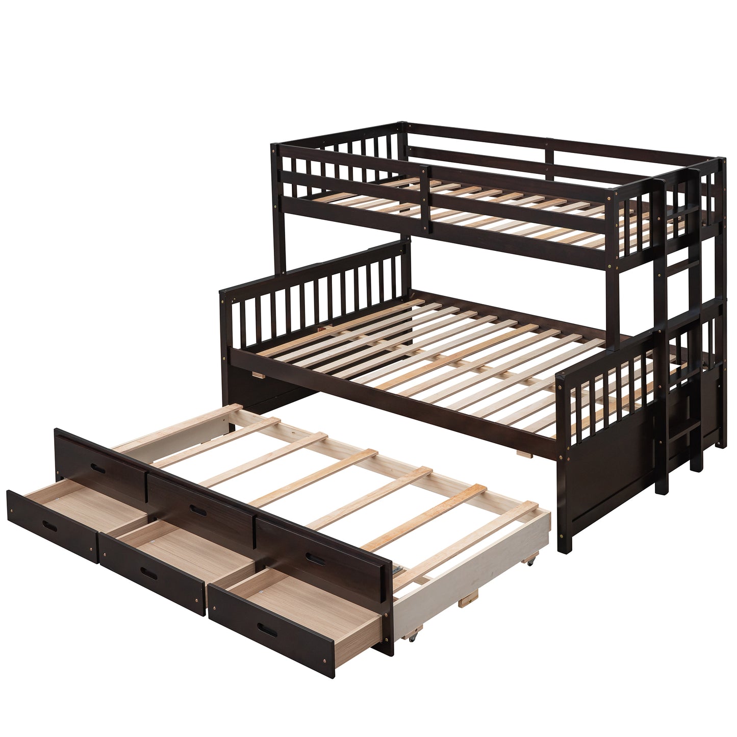 Rustic Three-Bedroom Bunk Bed with Trundle and Drawers - Espresso