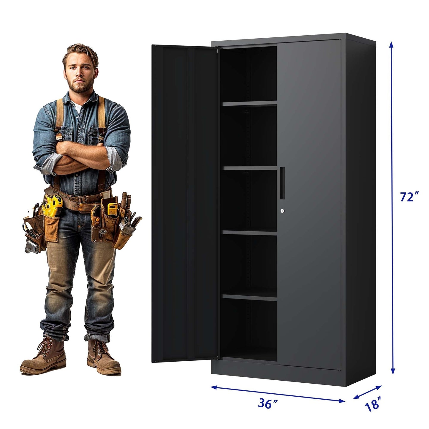 72H Metal Lockable Garage Storage Cabinet with 4 Shelves, Black Steel Cabinet for Home Office and Garage Organization