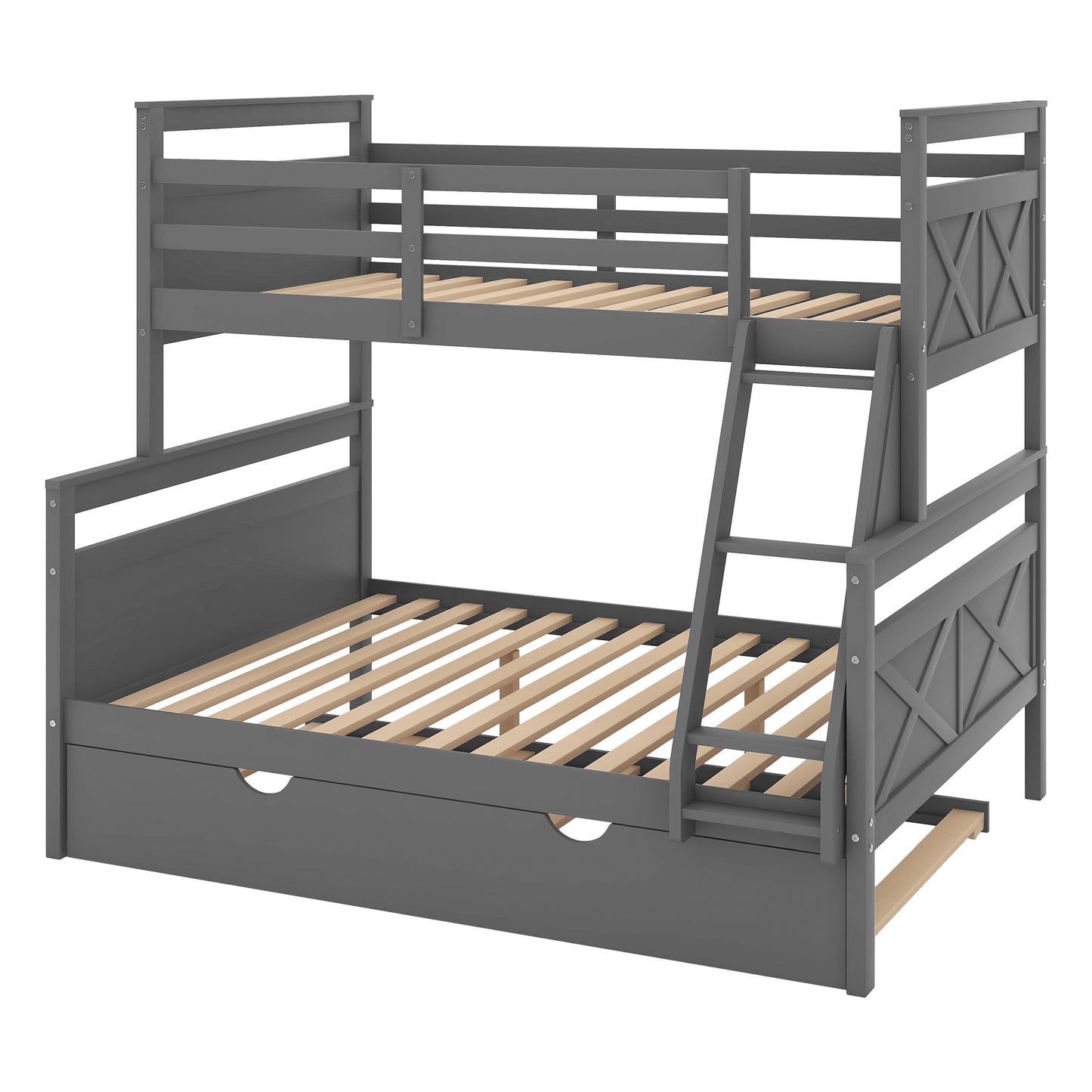 Triple Sleeper Bunk Bed with Trundle, Guardrail, Ladder, and Gray Finish