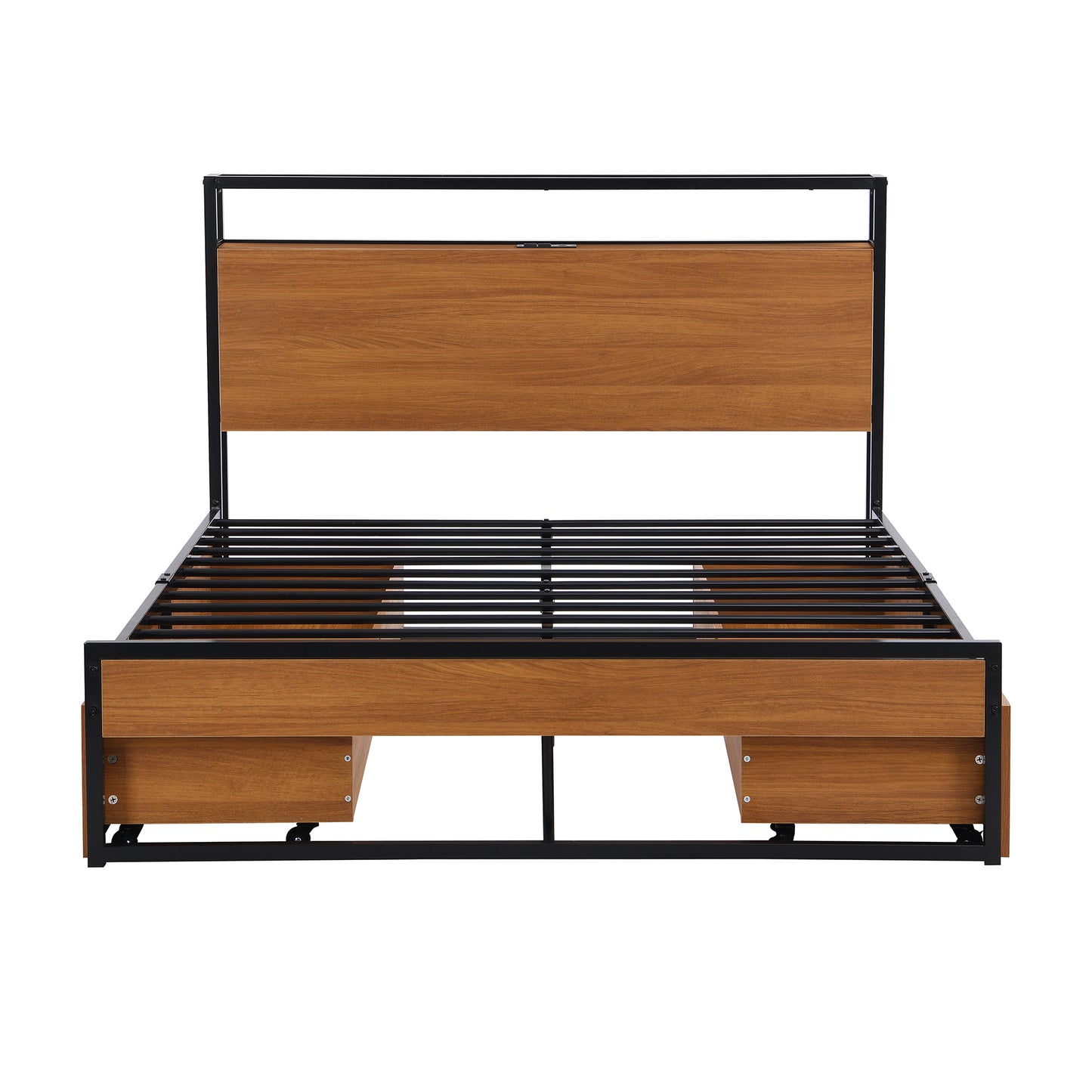 Full Size Metal Platform Bed Frame with  Four Drawers,Sockets and USB Ports ,Slat Support No Box Spring Needed Black