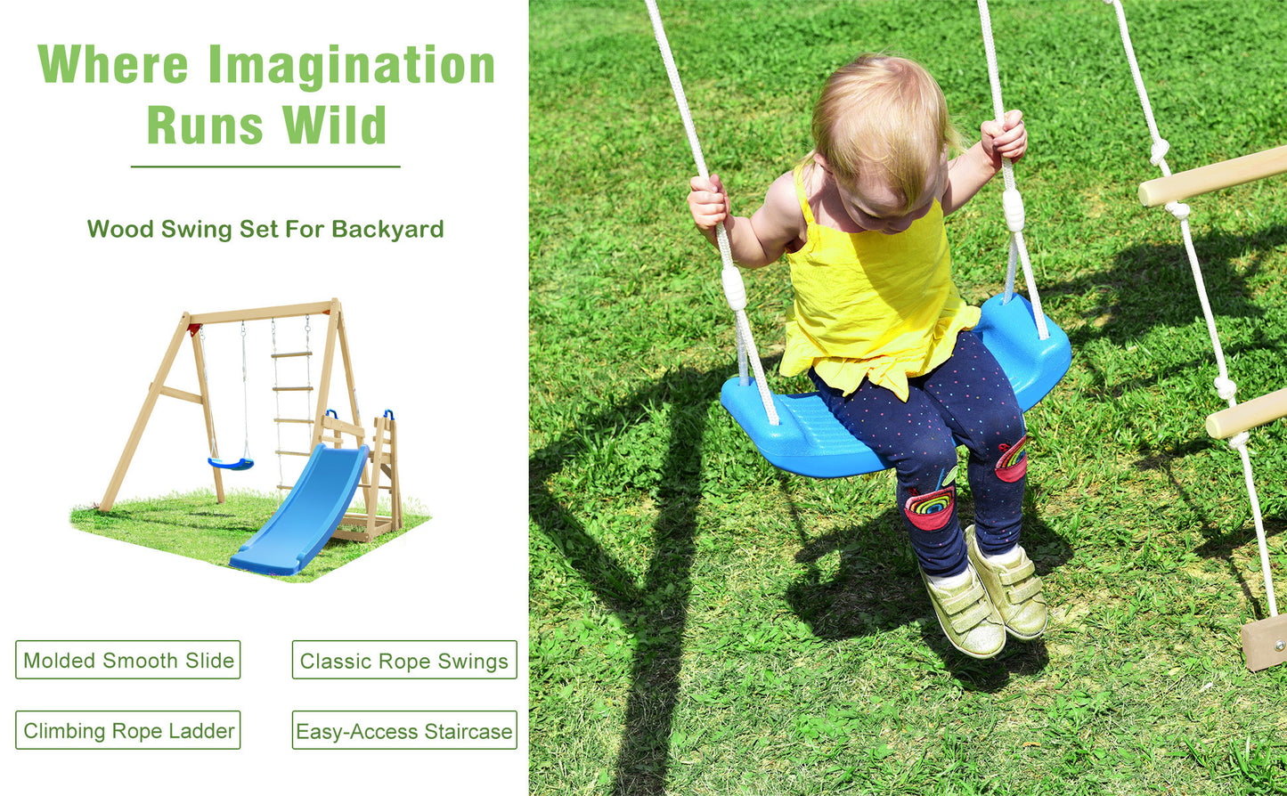 Wooden Swing Set with Slide and Climbing Rope Ladder for Toddler and Kids