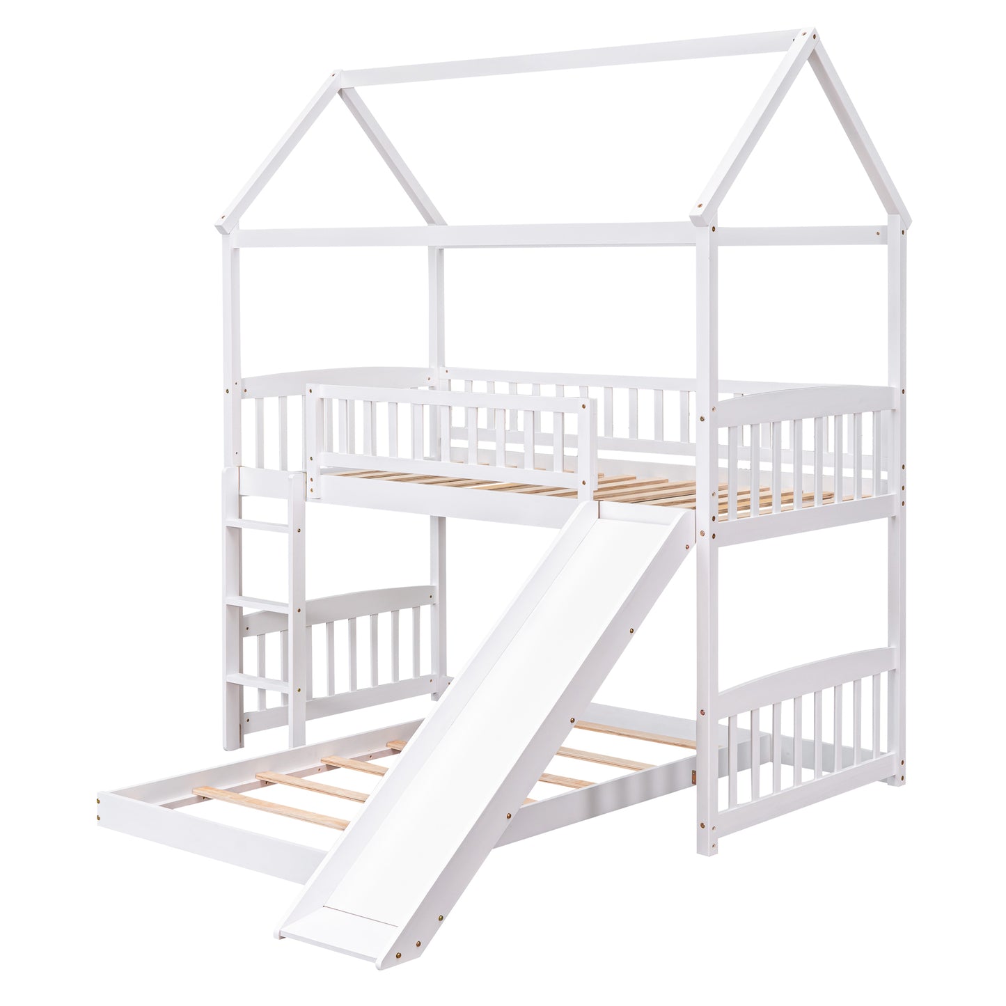 White Twin Over Twin Bunk Bed with Slide and Playhouse