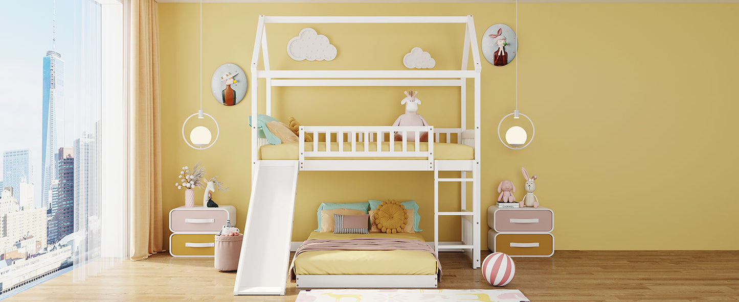 White Twin Over Twin Bunk Bed with Slide and Playhouse