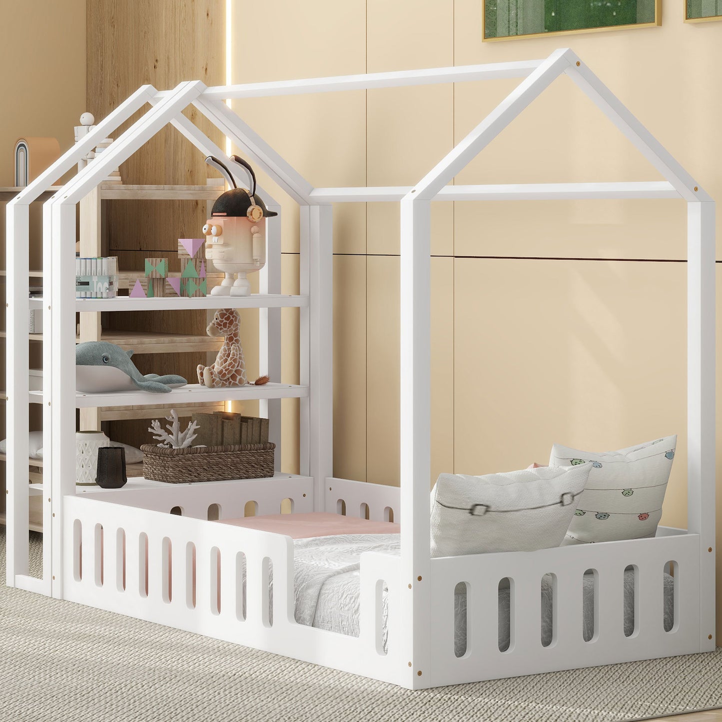 Twin Size Wood House Bed with Fence and Detachable Storage Shelves, White(Expected Arrival Time: 1.7)