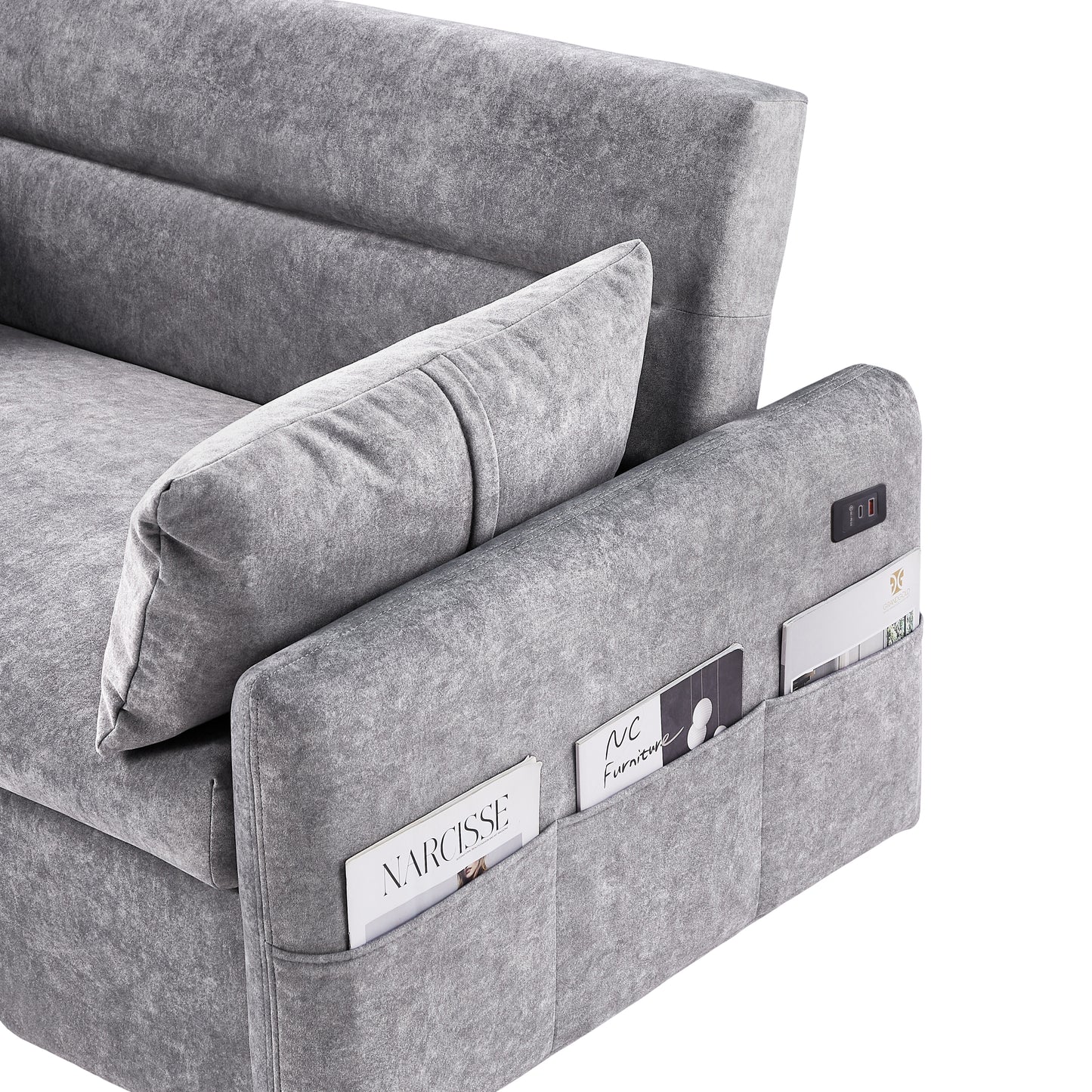 Adjustable Grey Loveseat Sofa Bed with USB Ports and Storage Pockets