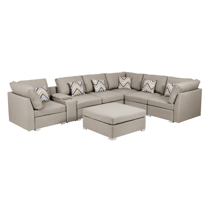 Lucy Beige Fabric Convertible Modular Sectional Sofa Set with USB Console and Ottoman