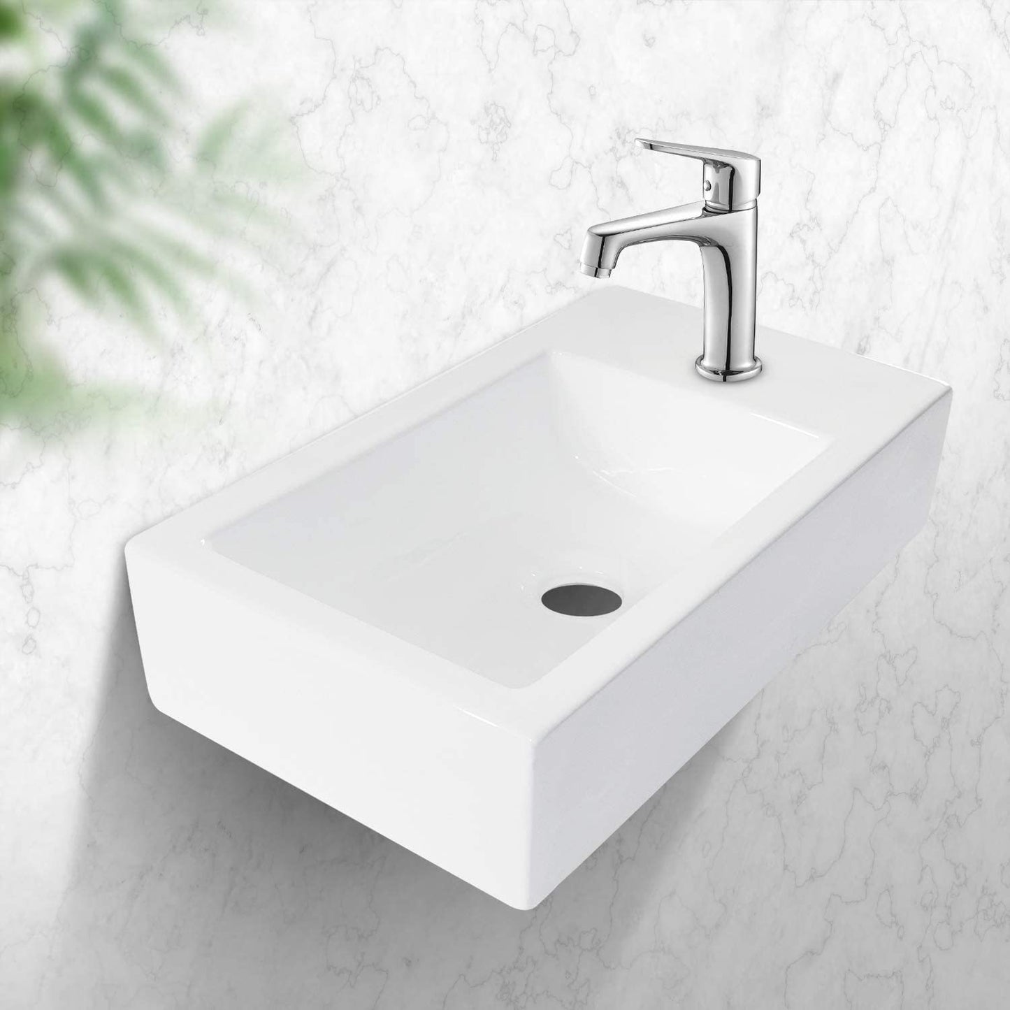 18x10 Inch White Ceramic Rectangle Wall Mount Bathroom Sink with Single Faucet Hole