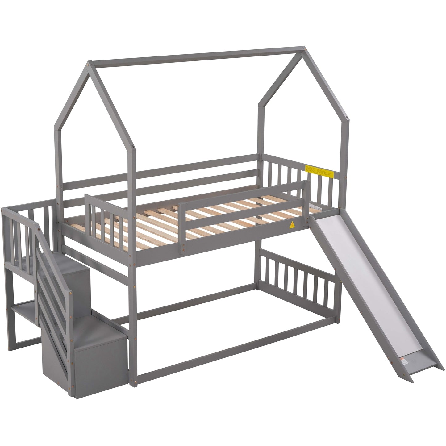 House Bunk Bed with Twin Over Twin Convertible Slide, Storage Staircase, and Gray Finish