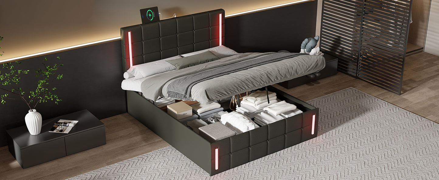 Full Size Upholstered Bed with LED Lights,Hydraulic Storage System and USB Charging Station,Black