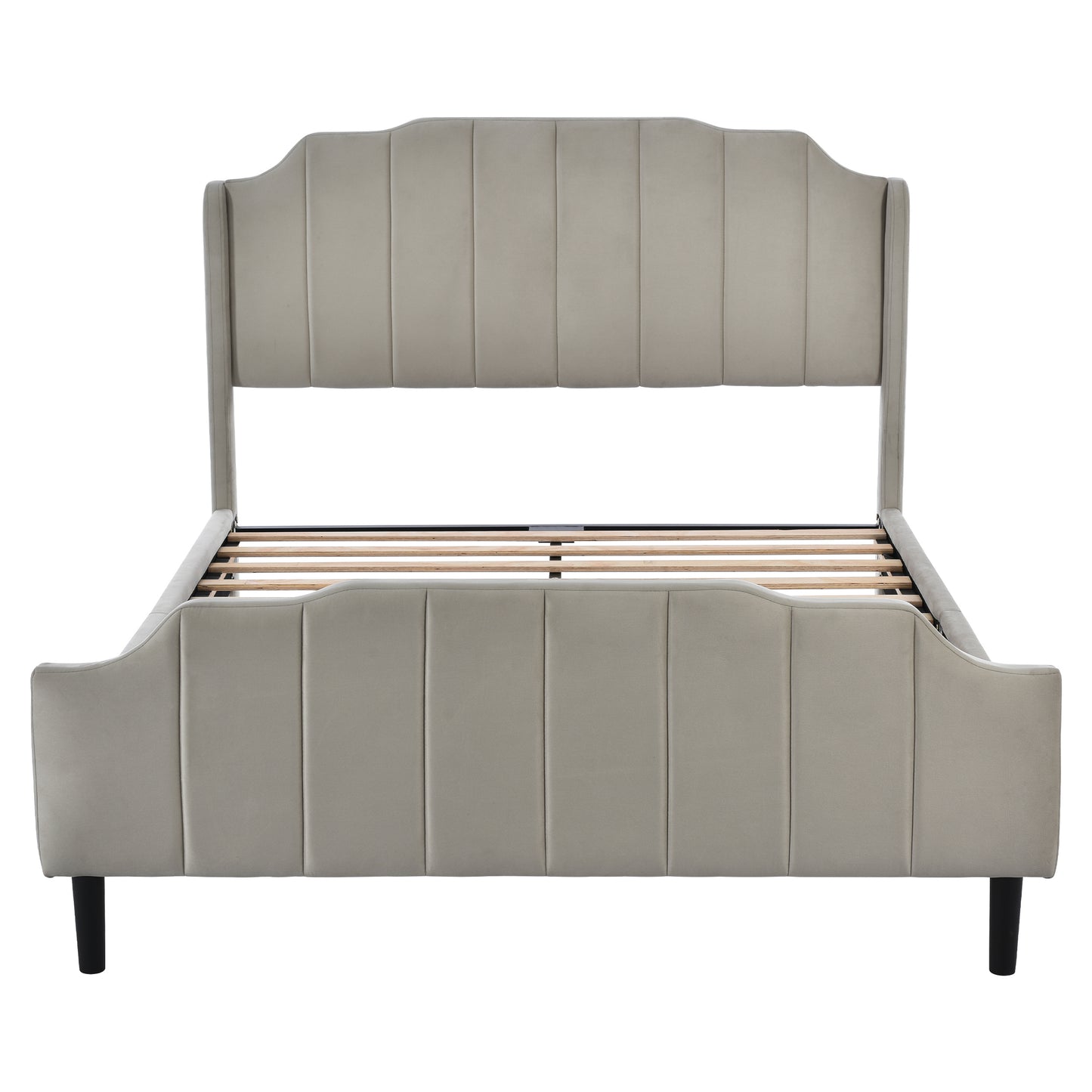 Queen Size Upholstered Platform Bed with Headboard and Footboard,No Box Spring Needed, Velvet Fabric,Gray