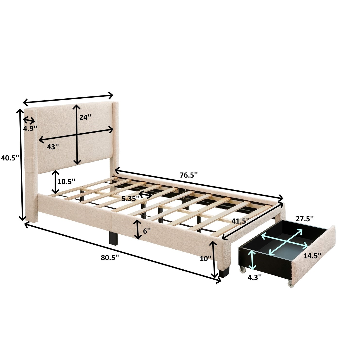 WHITE BEIGE TEDDY FARBRIC FOOTBOARD STORAGE BIG DRAWER WINGBACK WITH POCKETS UPHOLSTERED BED NO BOX SPRING REQUIRED TWIN SIZE MODERN DESIGN