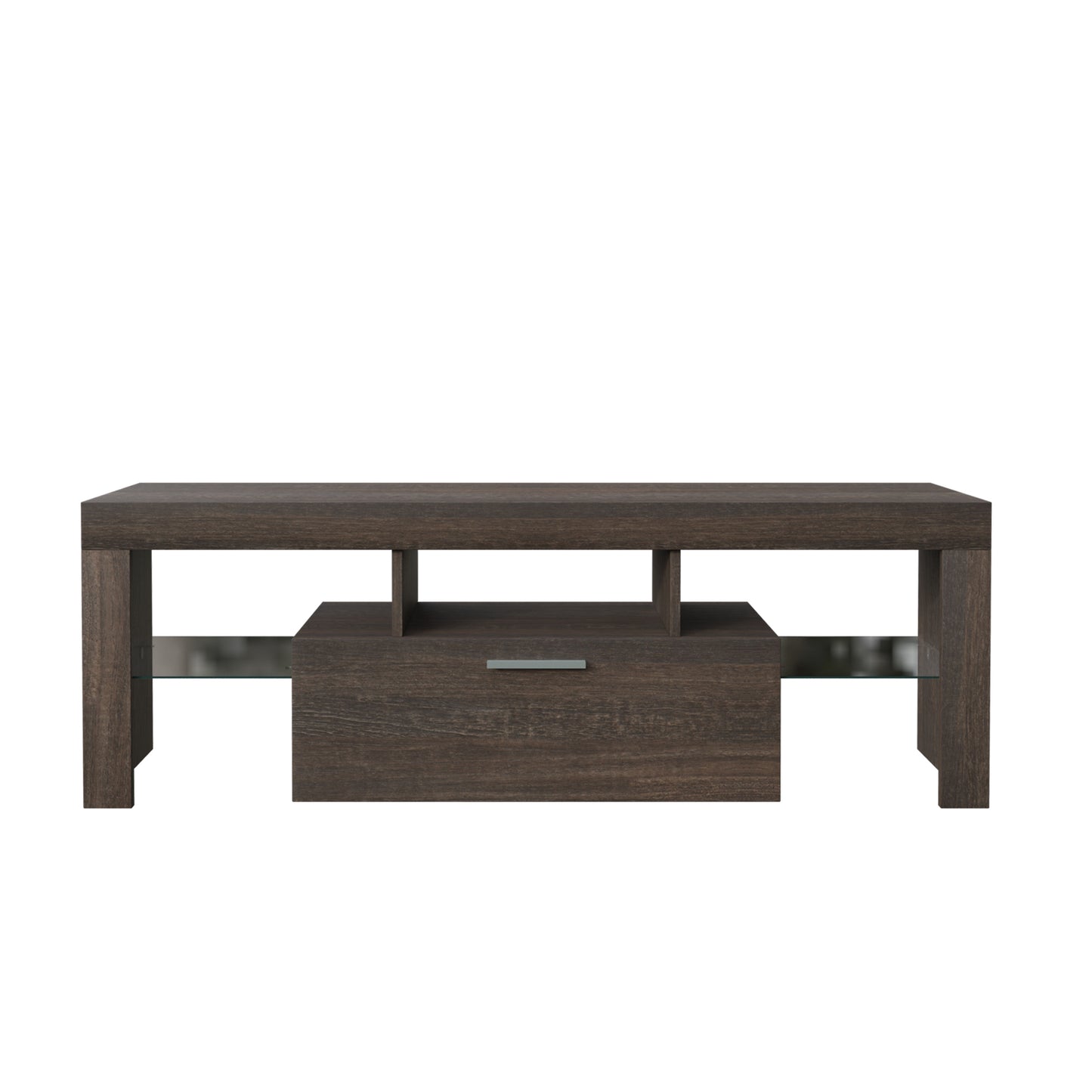 Quick Assembly Modern Brown TV Stand with LED Color Changing Lights and Toughened Glass Shelf