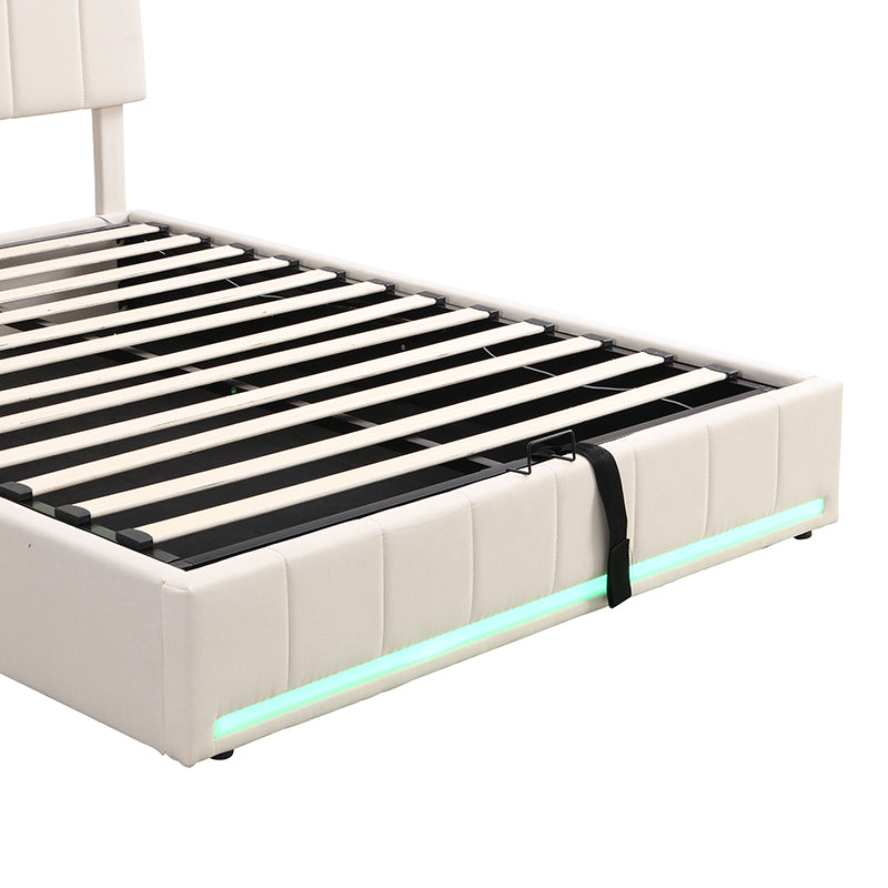 Full Size Upholstered Platform Bed with Hydraulic Storage System, LED Light, and a set of USB Ports and Sockets, Linen Fabric, Beige